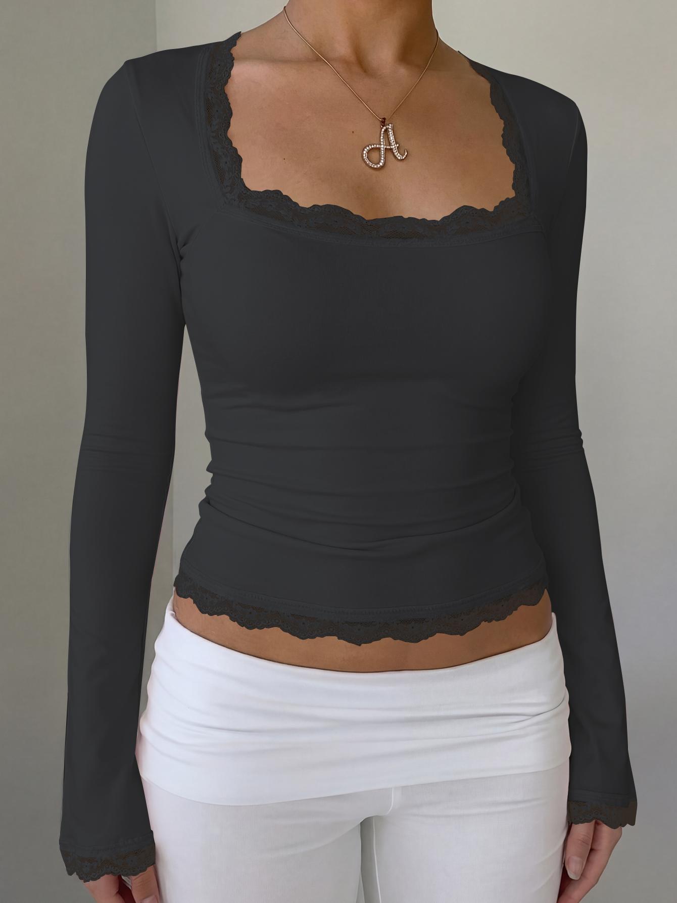 Women's Square Neck Top, Solid Lace Trim Long Sleeve T-Shirt, Elegant Chic Plain Flared Sleeves Slim Fit Crop Top for Spring, Fall and Winter, Womenswear, Blouses Shirts Tops, Casual Elegant Classy, Perfect for Parties, Dates and Everyday Wear