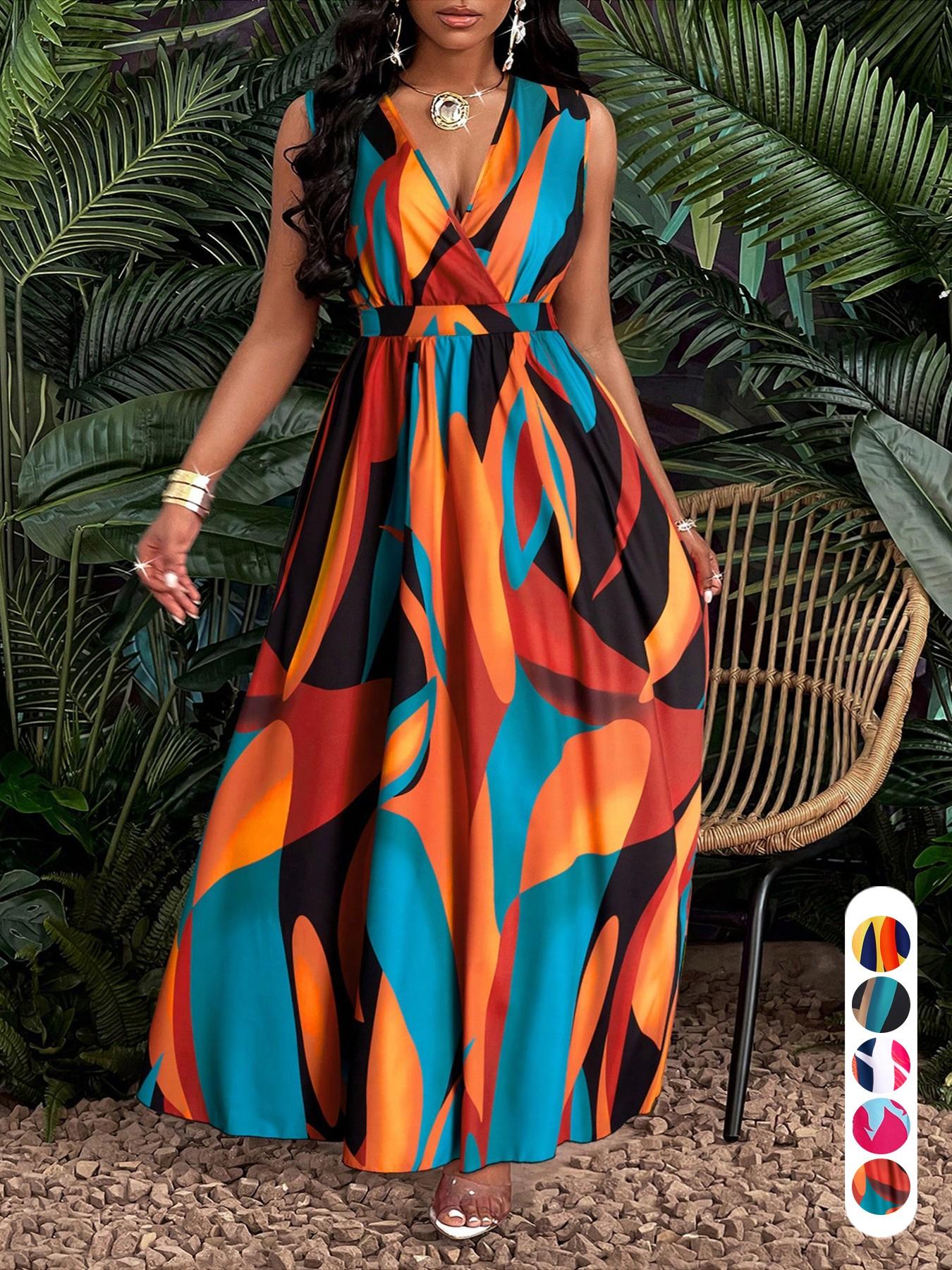 Plus Size Women's Elegant Casual Boho Chic Summer Plant Print V-Neck Sleeveless High Waist A-Line Dress for Leisure, Vacation & Outdoor loose fit fashion forward special occasion oversized
