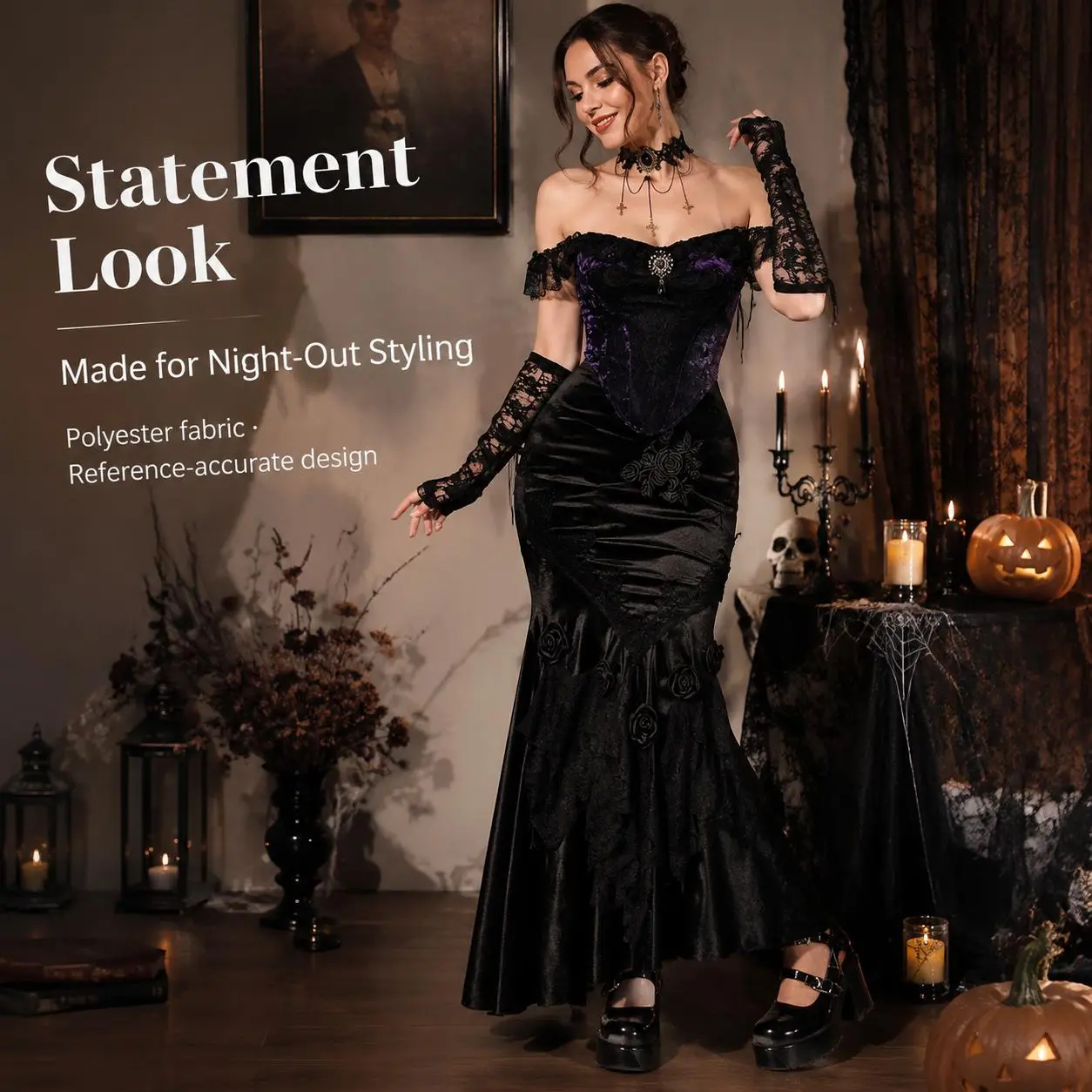 Women Vintage Gothic Off Shoulder Corset Mermaid Maxi Dress Floral Lace Rose Embellished Long Skirt Dark Victorian Halloween Cosplay Costume