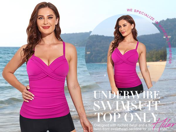 Hilor Women's Underwire Tankini Top Swimwear Twist V Neck Swimsuits for Big Busted Tummy Control Bathing Suits Top Only