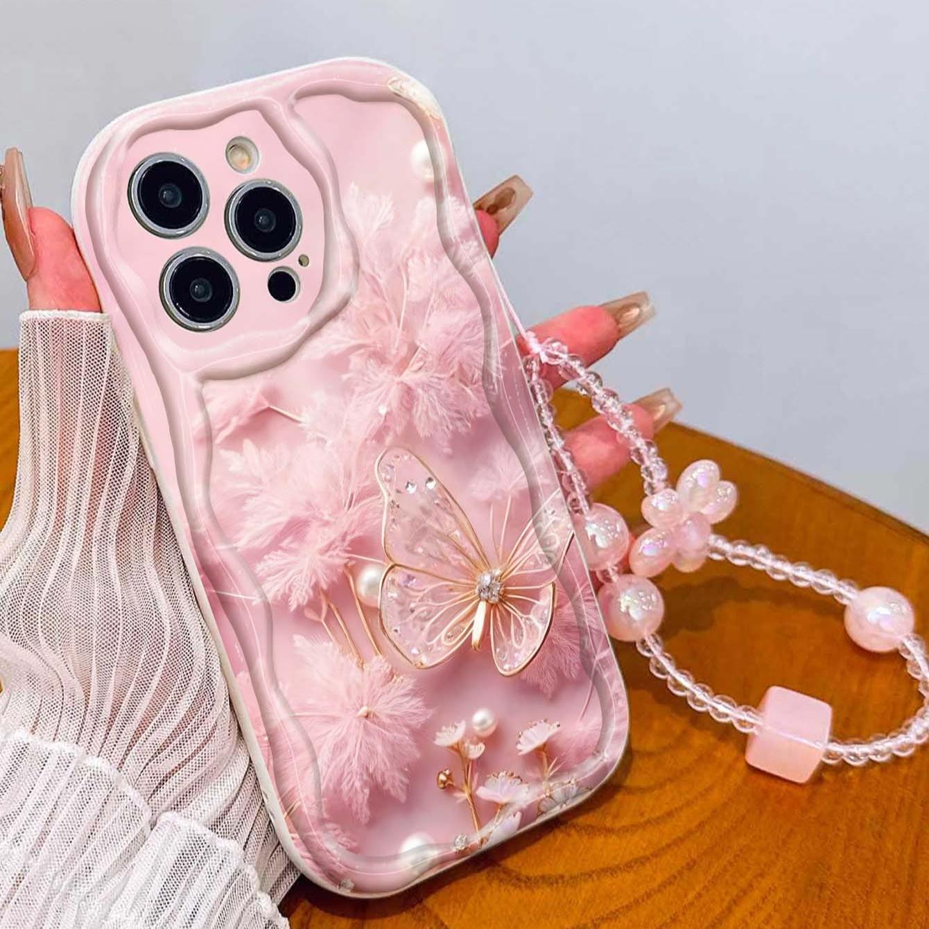 Butterfly Pearl Strap Pattern Tpu Wave Edge Anti-Drop Phone Case for Apple iPhone 17 Pro Max/16/16 Pro Max/11/13/14/15, Girl's Festival Gift