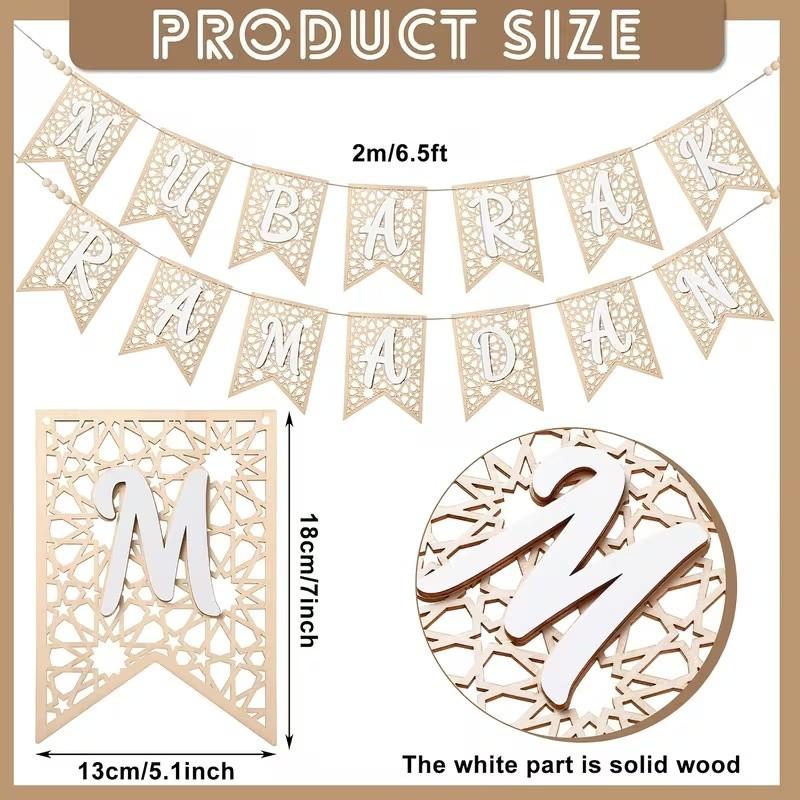Eid Mubarak Wooden Banner Set, Festive Decoration with Bead Embellishments, Indoor & Outdoor Muslim Party Decor, Home Fireplace Display