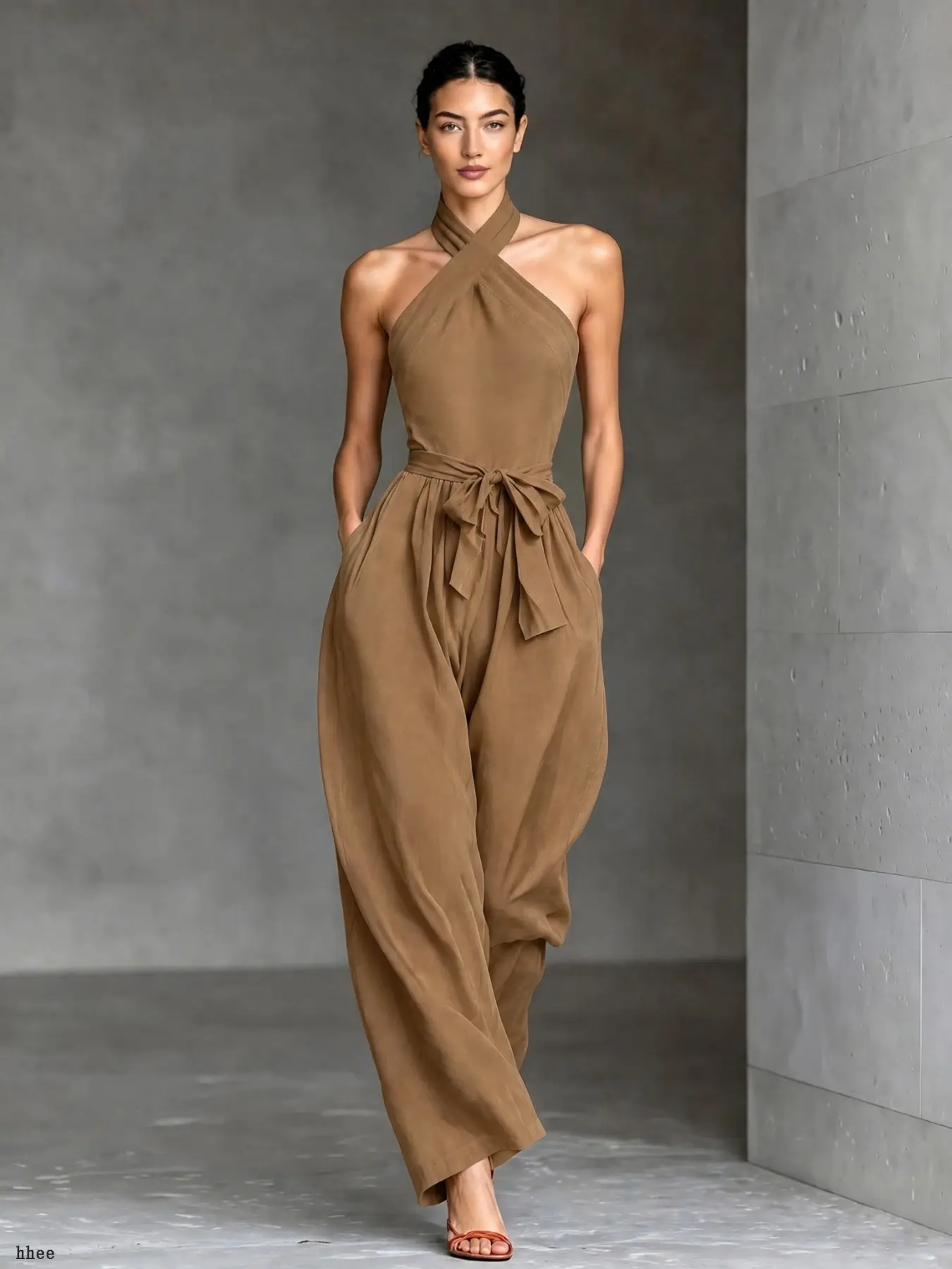 Women's Soft Breathable Cross Neck Jumpsuit, Detachable Straps, Belt, Loose Wide Leg, Pockets, Long Pants, Home Wear, Elegant Style