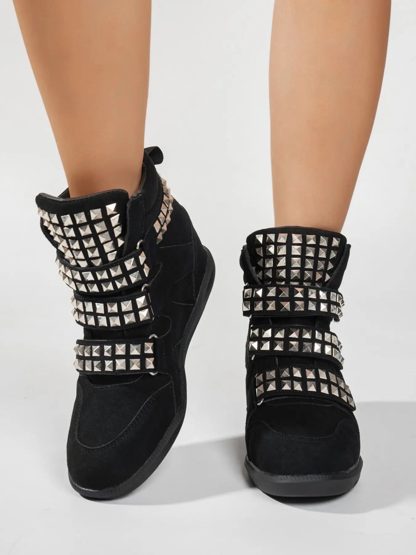 Women's High Top Casual Sneakers, Patchwork Design, Hidden Wedge Heel, Round Toe, Rhinestones, Fall Winter Fashion, Winter Shoes, Medium Width
