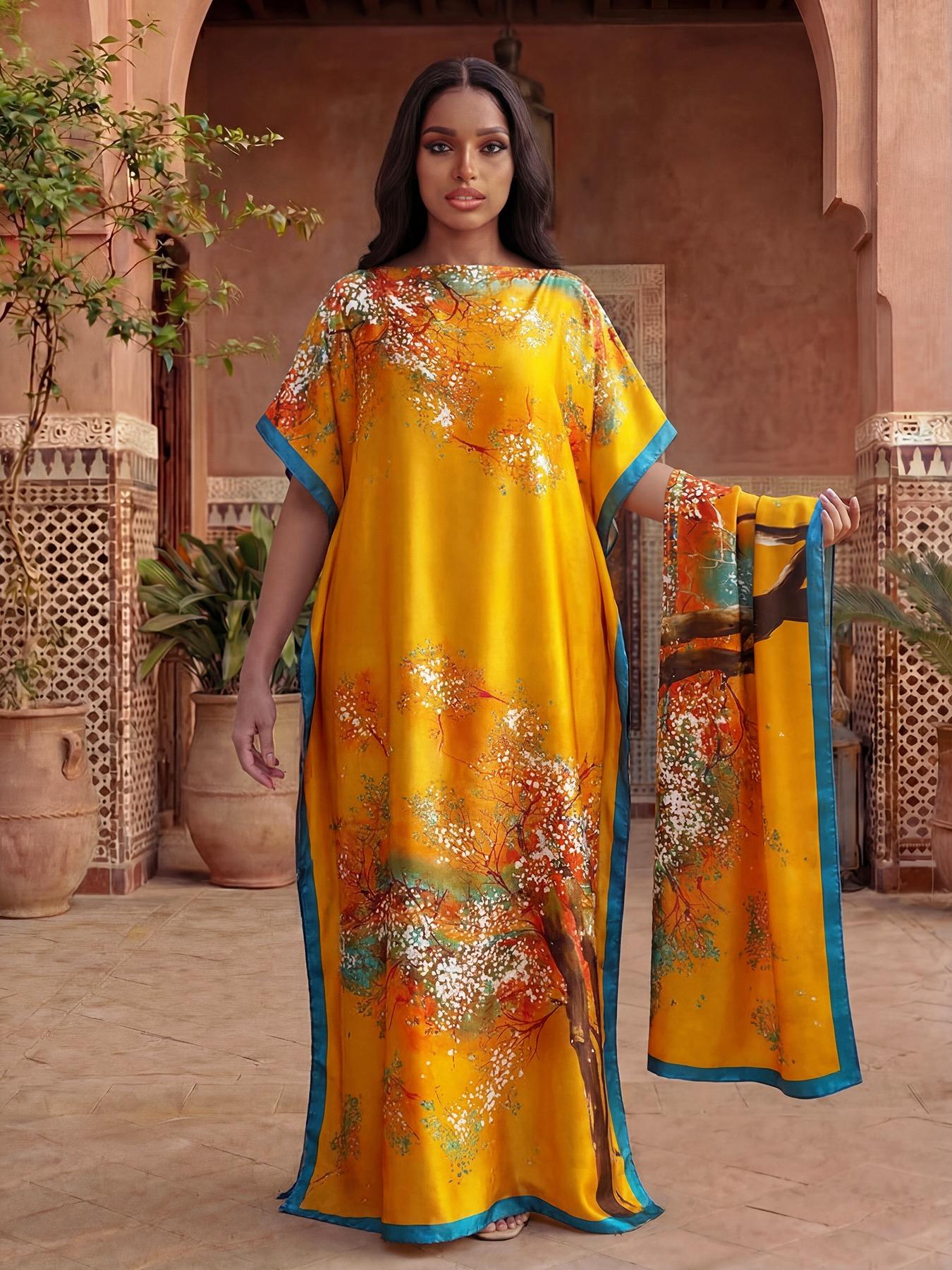 Women's Spring Summer Floral Pattern Robe & Thin Loose Fit Shawl Set, Casual Beach Sun Protection Satin Scarf