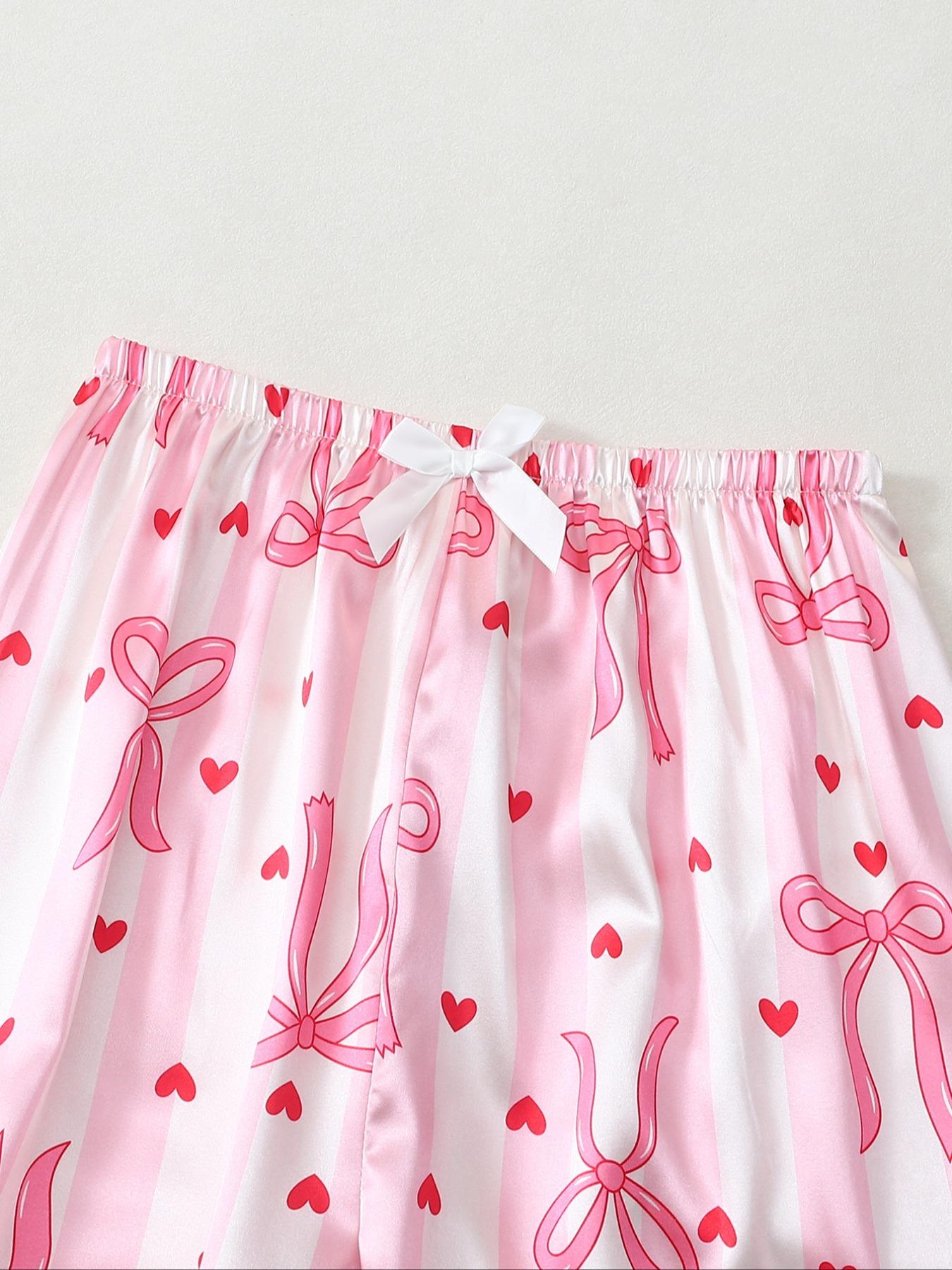 Striped Bow Print Satin Long Sleeve Pajama Set, Comfortable Sleepwear for Women, Stylish Nightwear, Perfect for Relaxing at Home