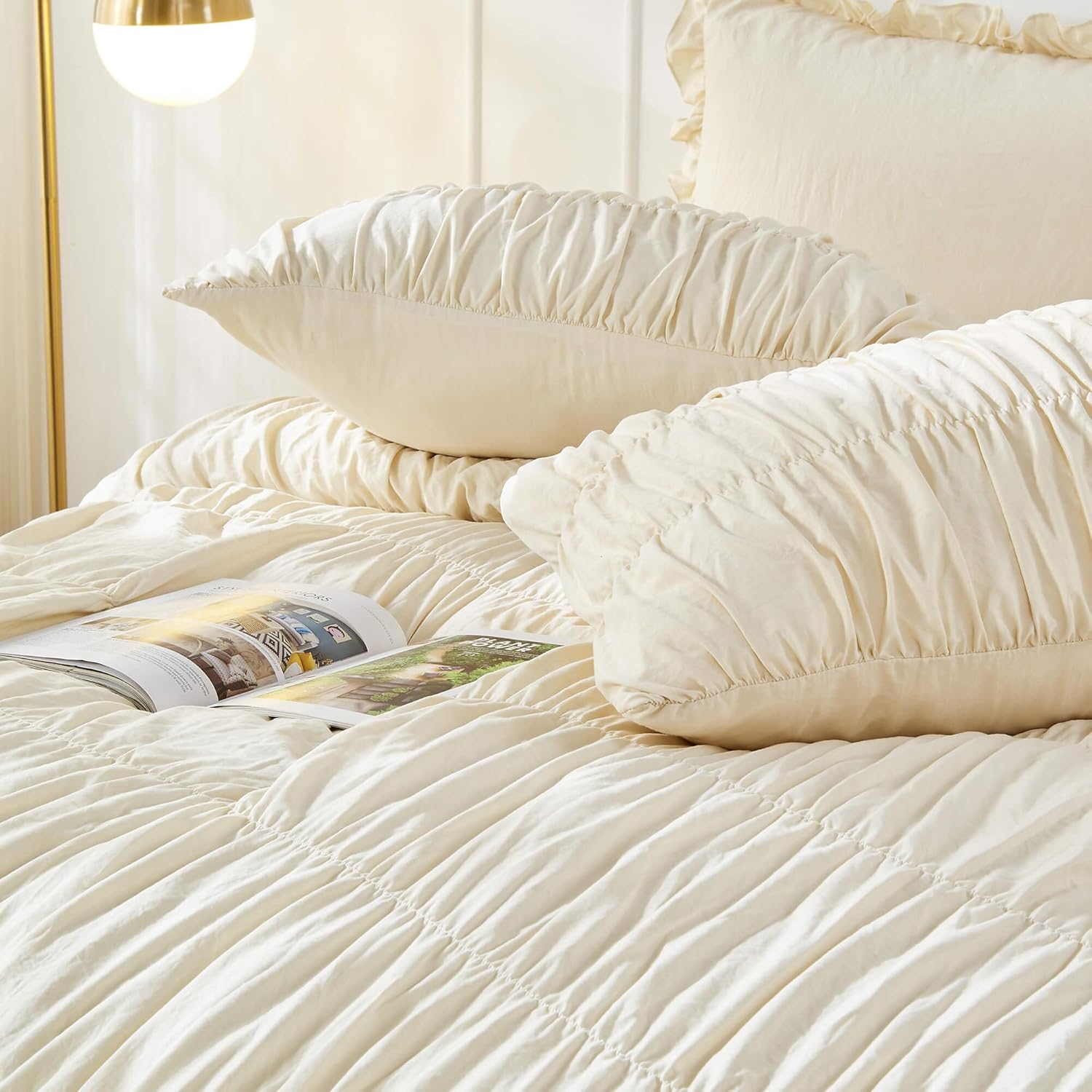 Size Comforter Set Bedding - Ruched Wheat Comforter  Bed Set Boho Shabby Chic 3 count Ruffle Comforter Set with Pillow White  Soft and Luxury