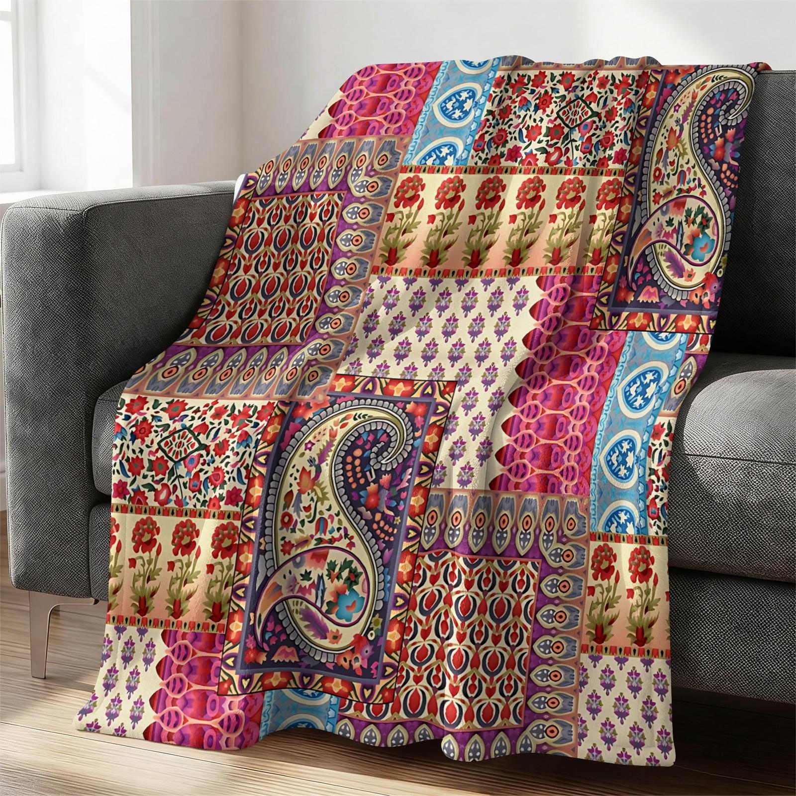 1 Pcs Boho Tribal Print Flannel Blanket, Ethnic Aztec Pattern Throw Blanket, Ultra Soft Fluffy Warm Blanket, Vivid HD Digital Print, Perfect Cozy Gift Blanket for Sofa, Bed, Dorm, Camping, Travel, All Season Use