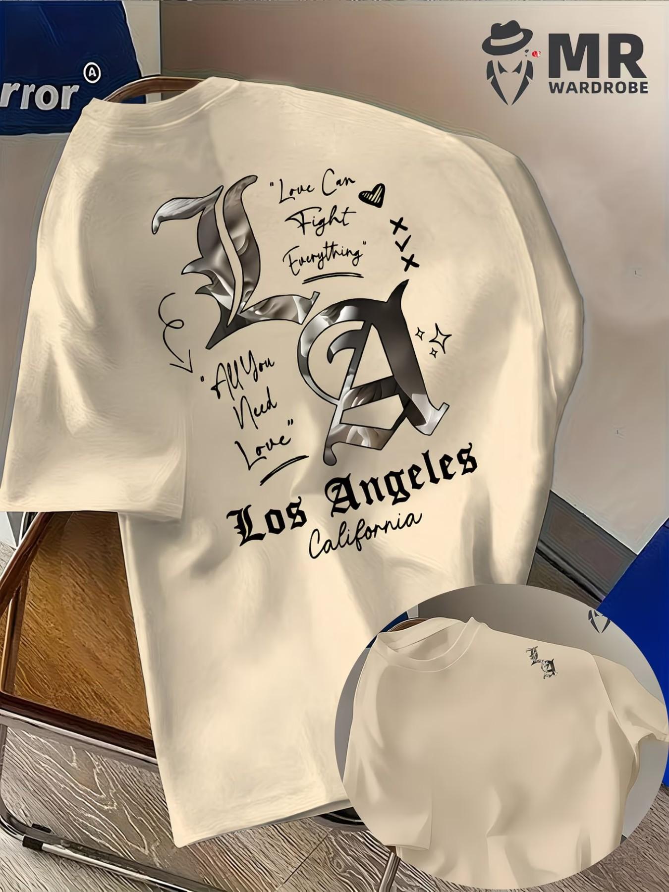 Men's La Pattern T-Shirt, Deep Star Letter Print, Lightweight Summer Casual Top, Street Style, Comfortable Fabric