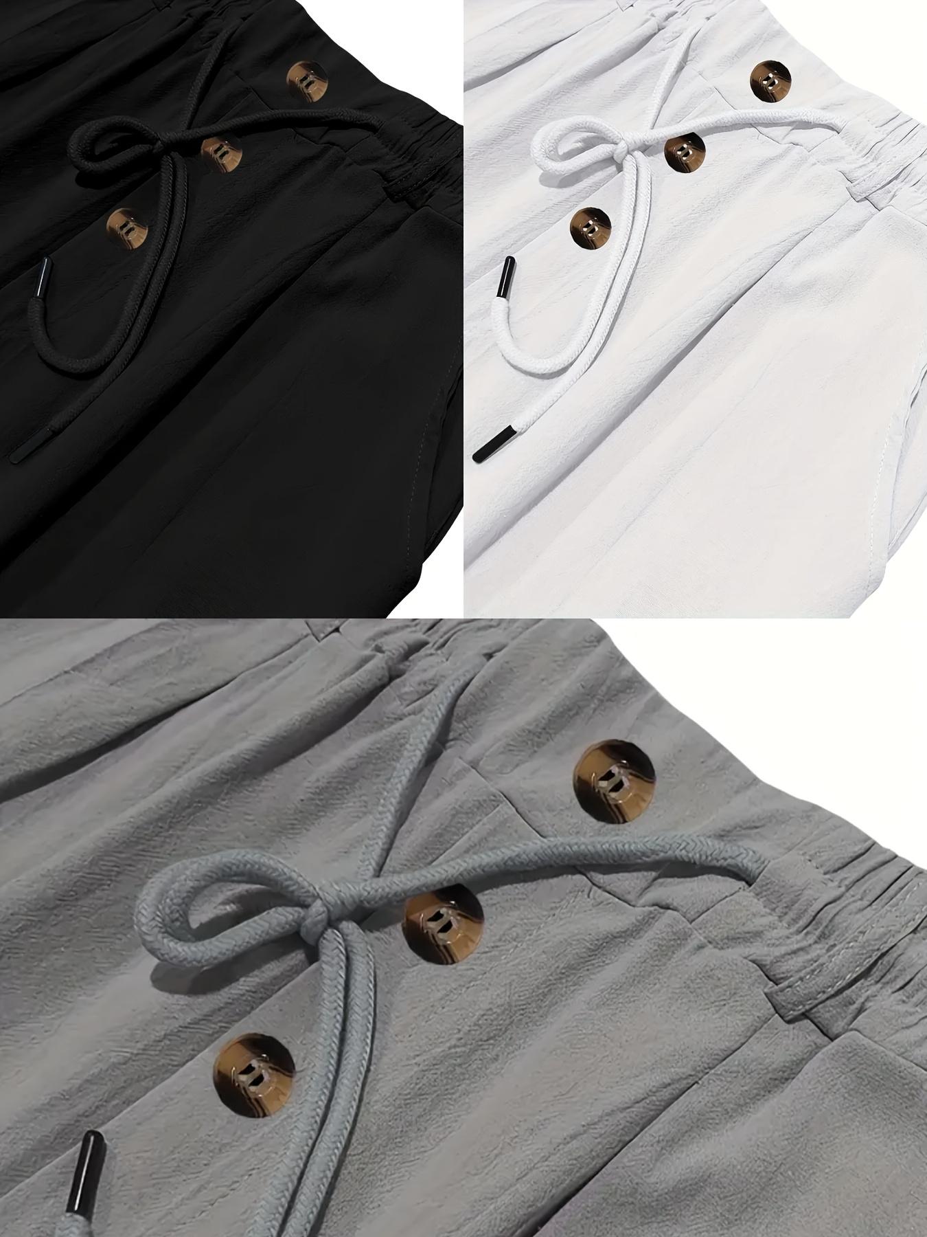 3 pieces of men's summer plain-color simple linen casual straight-leg trousers, Casual Solid Drawstring, beach-friendly lightweight breathable linen trousers, suitable for daily commuting and outdoor activities, vacations, beaches, Casual Fashion Pockets