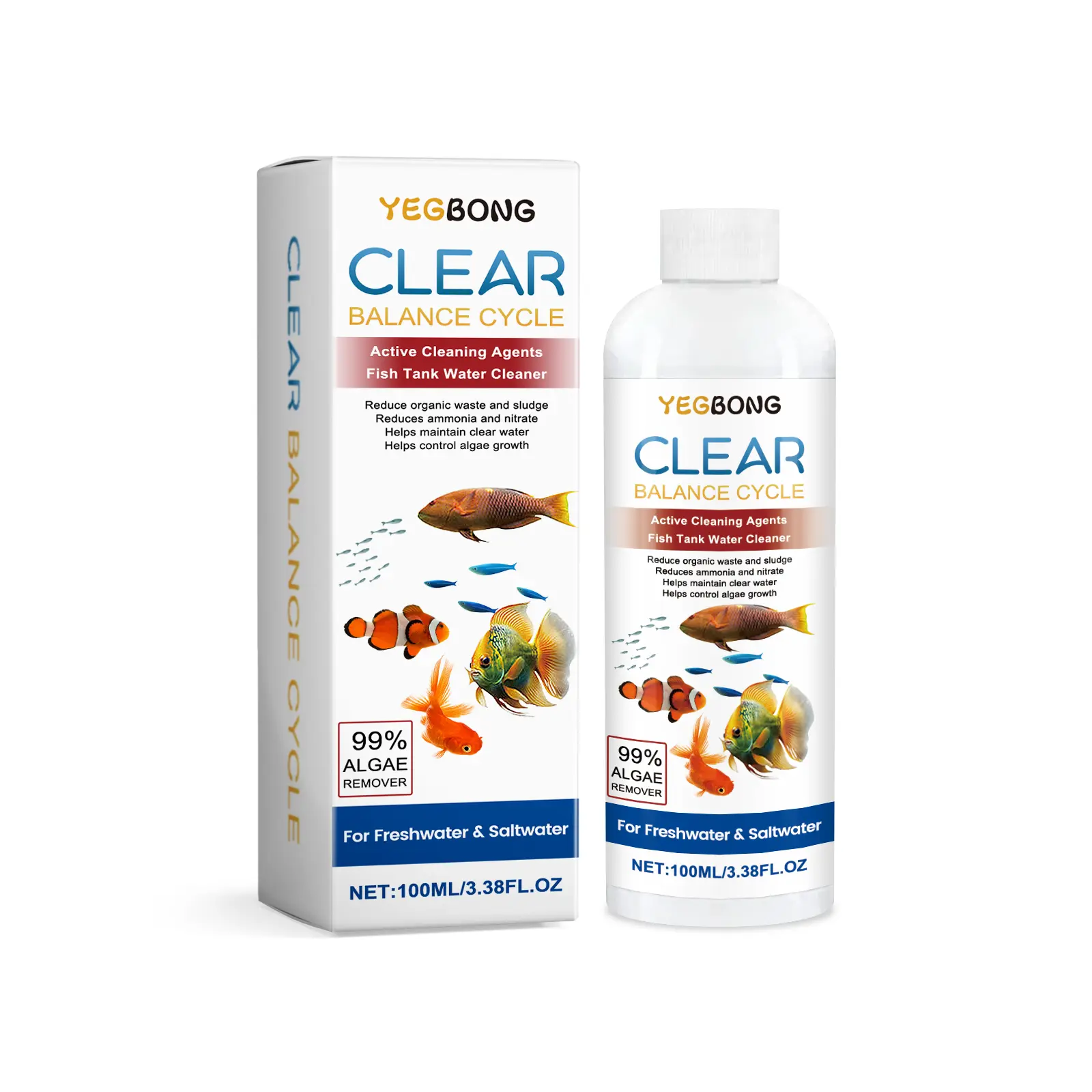 Fish tank water clarifier - Cleans fish tank stains and sludge, makes water clear, and controls algae growth.