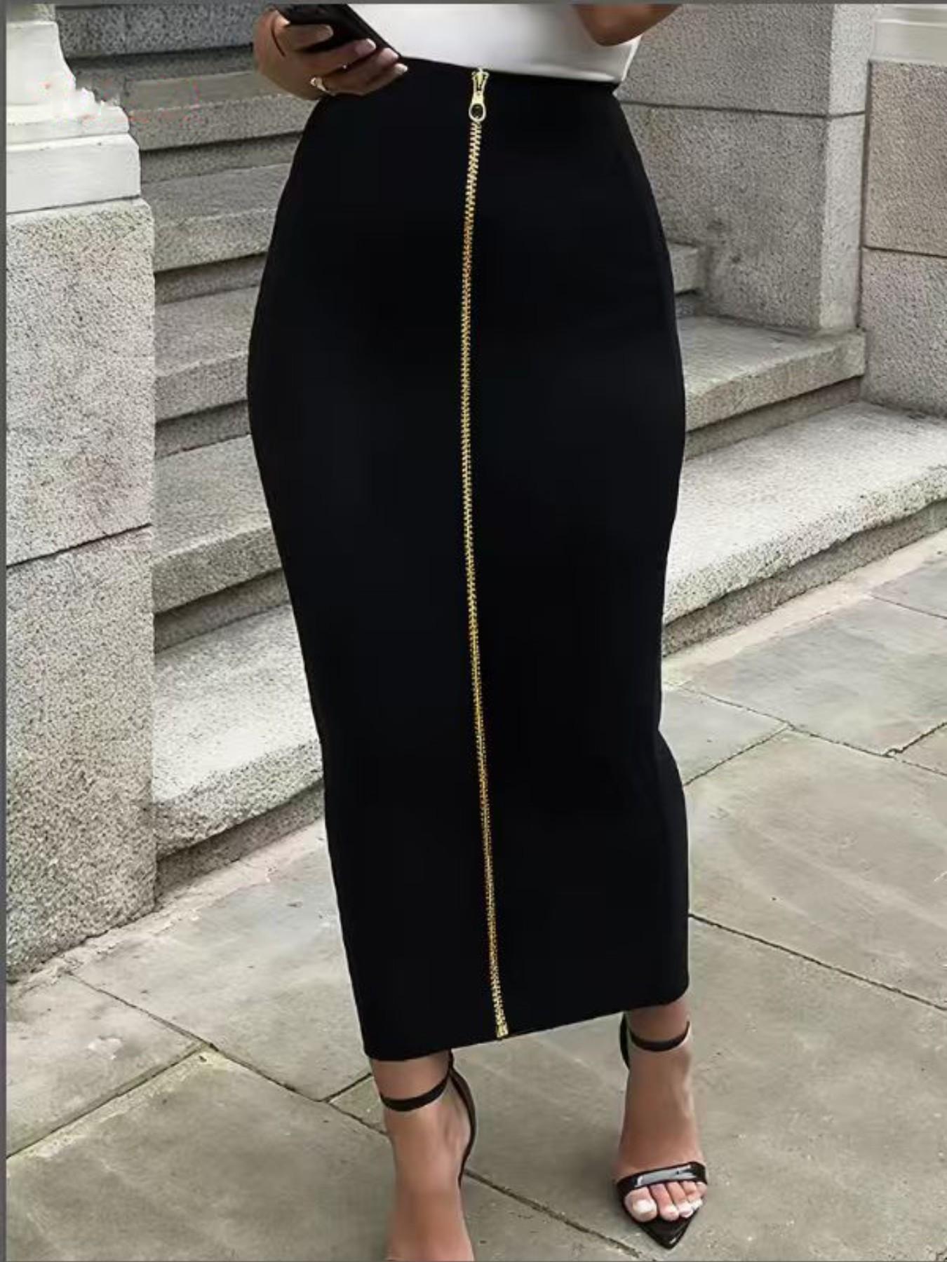 Women's High-Waisted Bodycon Skirt, Metal Zipper, Metallic, Slim-Fitting, Fitted Skirt, Long, Elegant, Chic, Office Wear, All Seasons, Plain Pattern, Womenswear