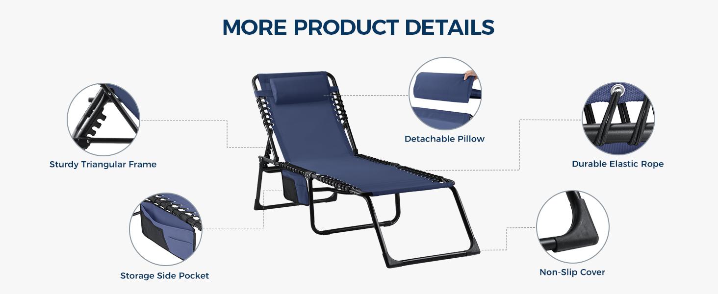 【Holiday Haul】Patio Chaise Lounge Chair Set with 5-Level Adjustable Backrest,Folding Chaise Lounge Chair w/Head Pillow & Side Pocket for Patio,Pool,Beach and Camping