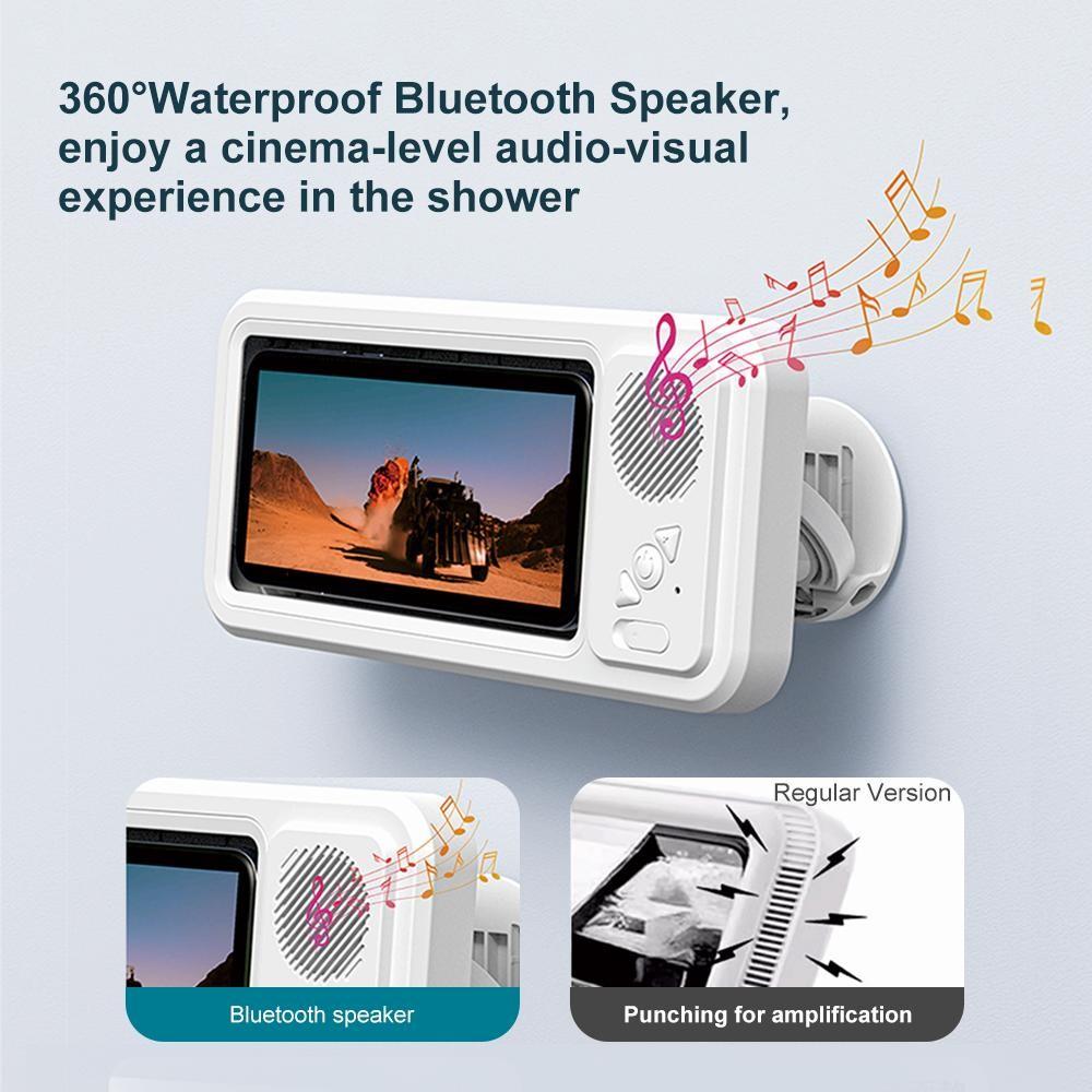 Waterproof Box Bluetooth Wireless Speaker with 360° Rotating Touch Screen, Bathroom Shower TV and Phone Holder Speaker for Watching Movies, Listening to Music, Suitable for Swimming Pool, Kitchen and Bathroom