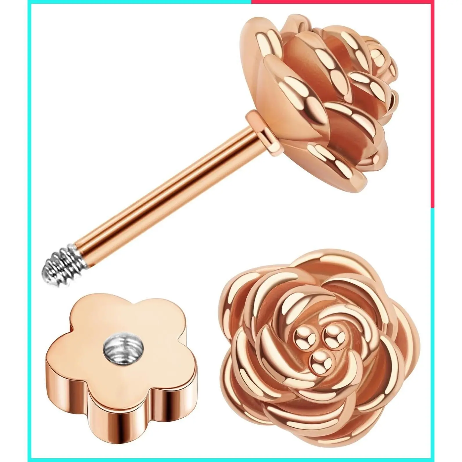 20G Flower Flat Back Earrings for Women Screw Back Rose Flower Stud Hypoallergenic Surgical Steel Cartilage Earrings Cute Handmade
