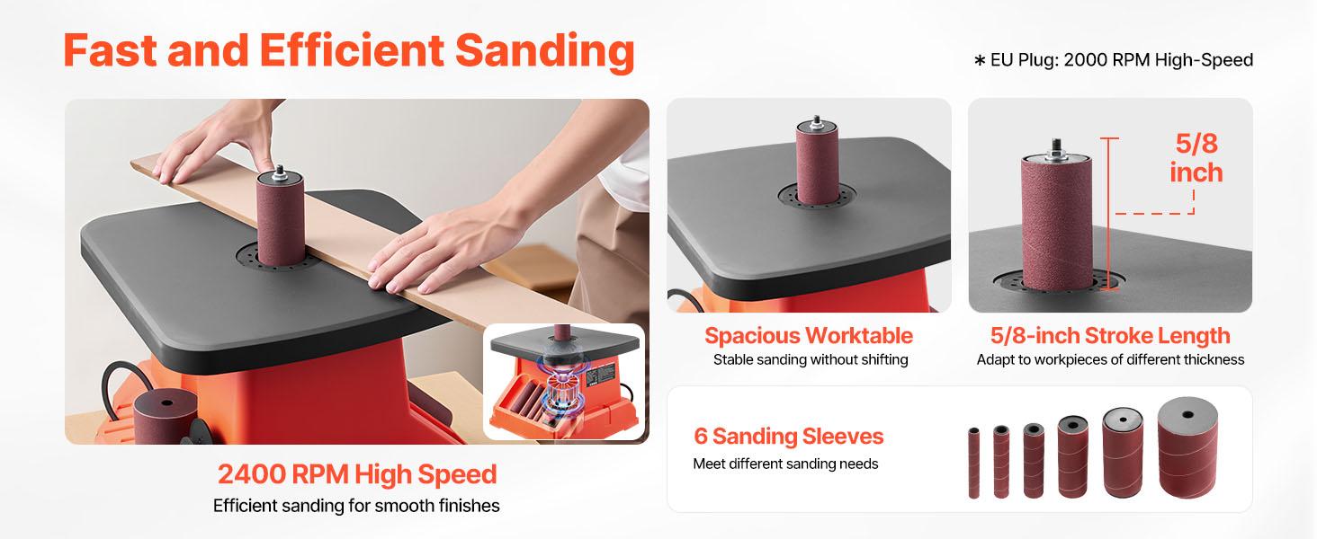 VEVOR Oscillating Spindle Sander, 2400RPM Benchtop Spindle Sander with 6 Sleeves (1/2-3), 5/8 Stroke 15.4x 16.3-inch Wide Worktable for Furniture Finishing, Crafts Sanding, DIY Woodworking VEVOR Oscillating Spindle Sander, 2400RPM Benchtop Spindle Sander with 6 Sleeves (1/2-3), 5/8 Stroke 15.4x 16.3-inch Wide Worktable for Furniture Finishing, Crafts Sanding, DIY Woodworking