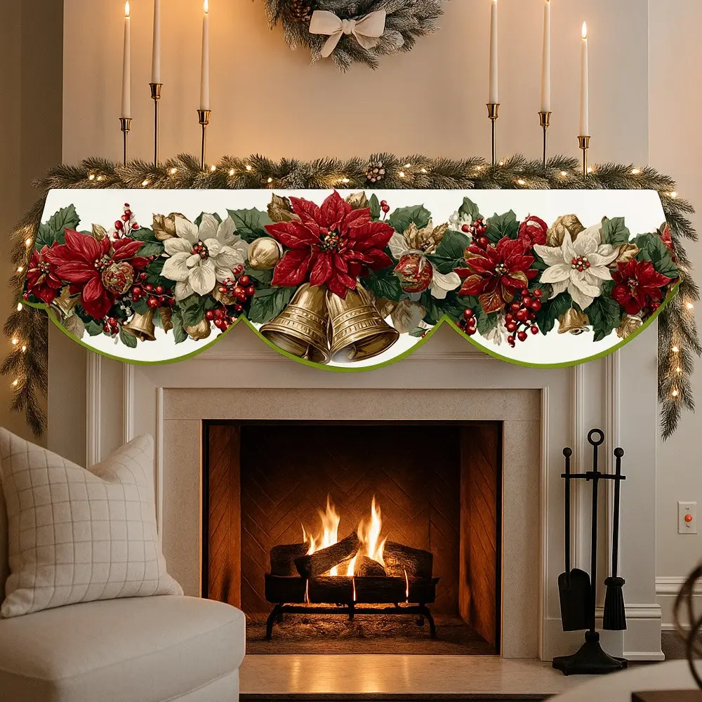 Elegant Fireplace Wreath with Poinsettia Flowers, Gold Bell, Berries, Christmas Decor, Polyester Table Runner, Living Room, Dining Room