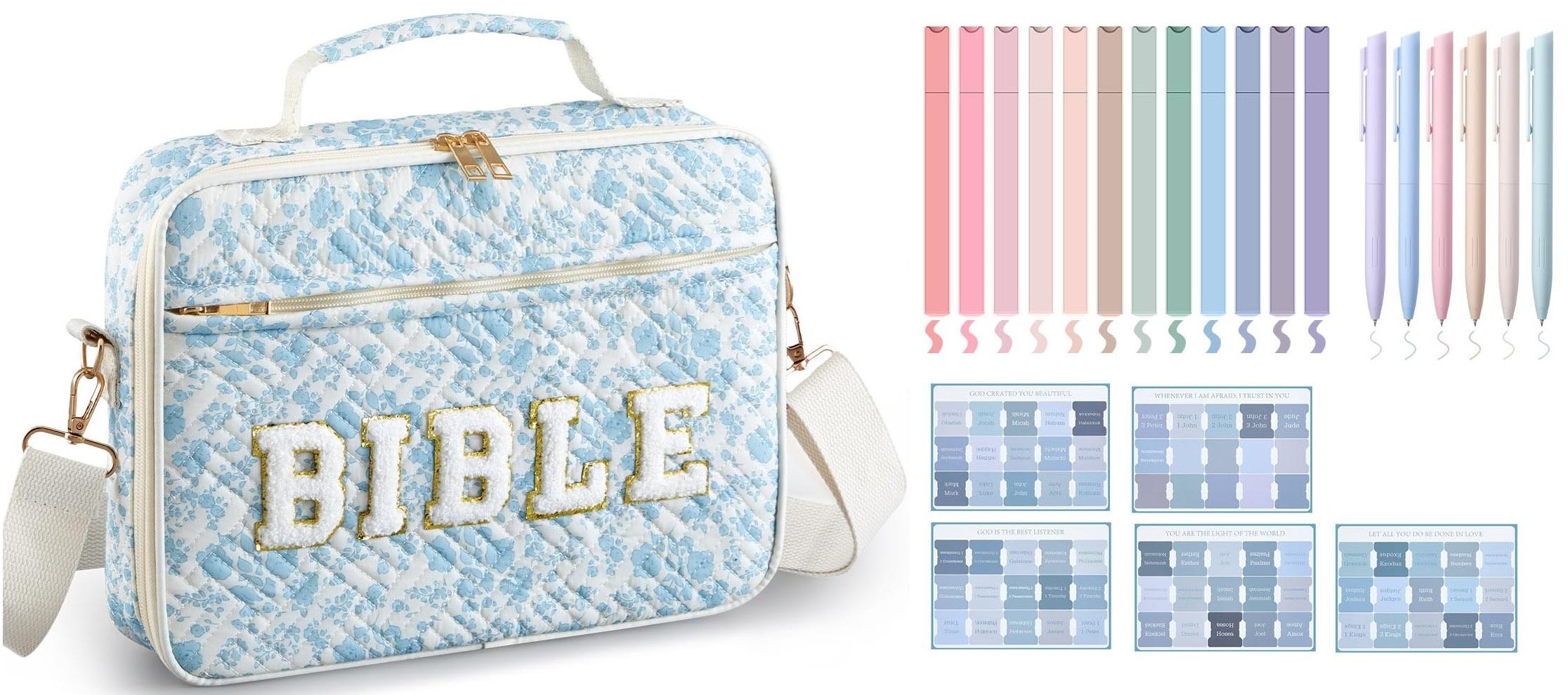 Bible Bag for Women, Floral Bible Bag 12x9x2.5in Large Chenille Letter Bible Cover PU Leather Bible Case with Tabs Colored Pen Highlighters Tote Bag with Shoulder Strap, Bible Journaling Kit Easter Gift for Church Women Girls,Sunday Prayer Supplies