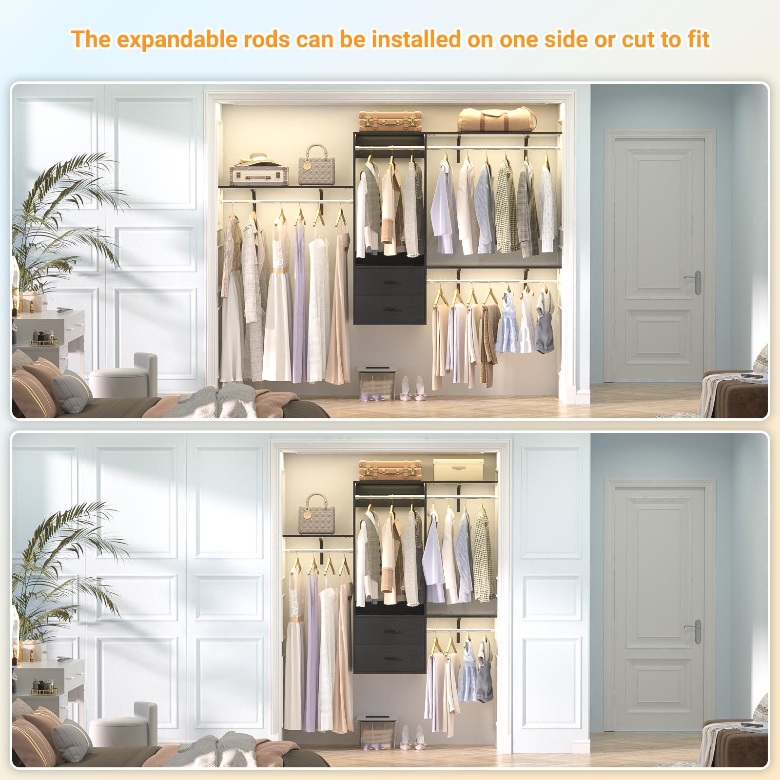 Deluxe Tower Closet Storage, 96 Inch Hanging Closet System, 8 FT Closet Organizer System with Hanging Rod, Walk In Mounted Closet System, Built-In Clothes Garment Rack with 2 Wooden Drawers & 3 Shelving Towers