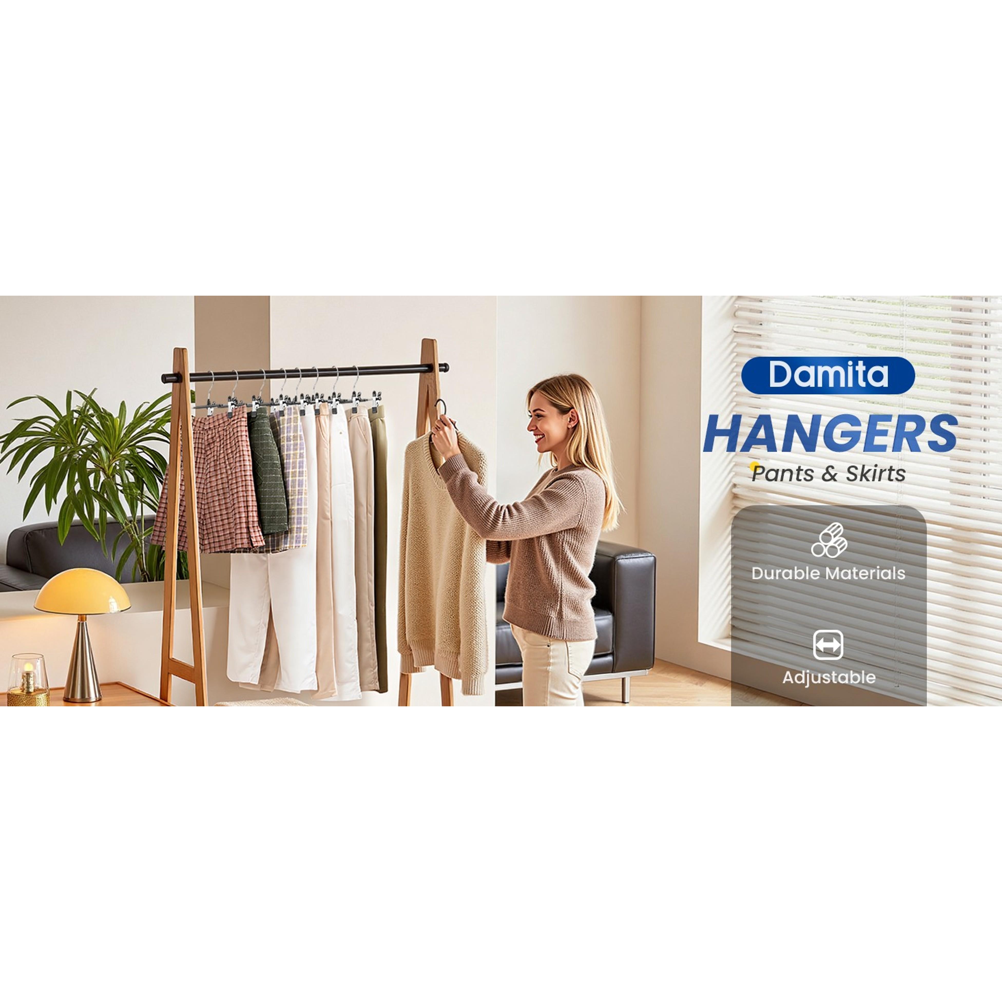Pants Hangers with Clips Skirt Hangers for Women 10 Pack, Space Saving 12Inch Adjustable Hanger Heavy Duty Non-Slip for Trousers, Jeans, Clothes, Shorts (Black, 10Pack)