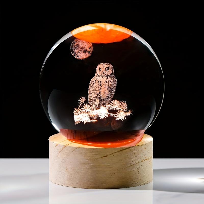 1pc Modern Glass Owl 2.3 In Glass Ball with Wood Base - USB-Powered Decorative Ambiance Lighting, Freestanding Tabletop Statue, Adjustable Toggle Control, Polished Finish, for Bedroom, Ideal Mother's Day Gift