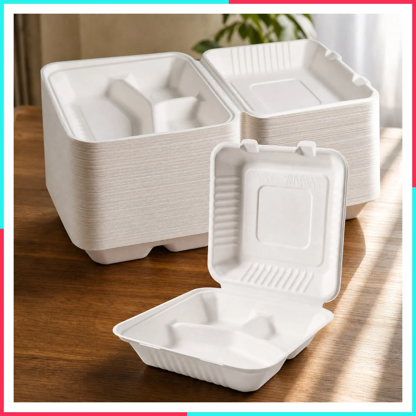 8x8 Inch 68 Pack 3-Compartment Clamshell Take Out Food Containers with Lids, Compostable Disposable Heavy Duty Sugarcane Bagasse To Go Boxes for Meals & Sides, White