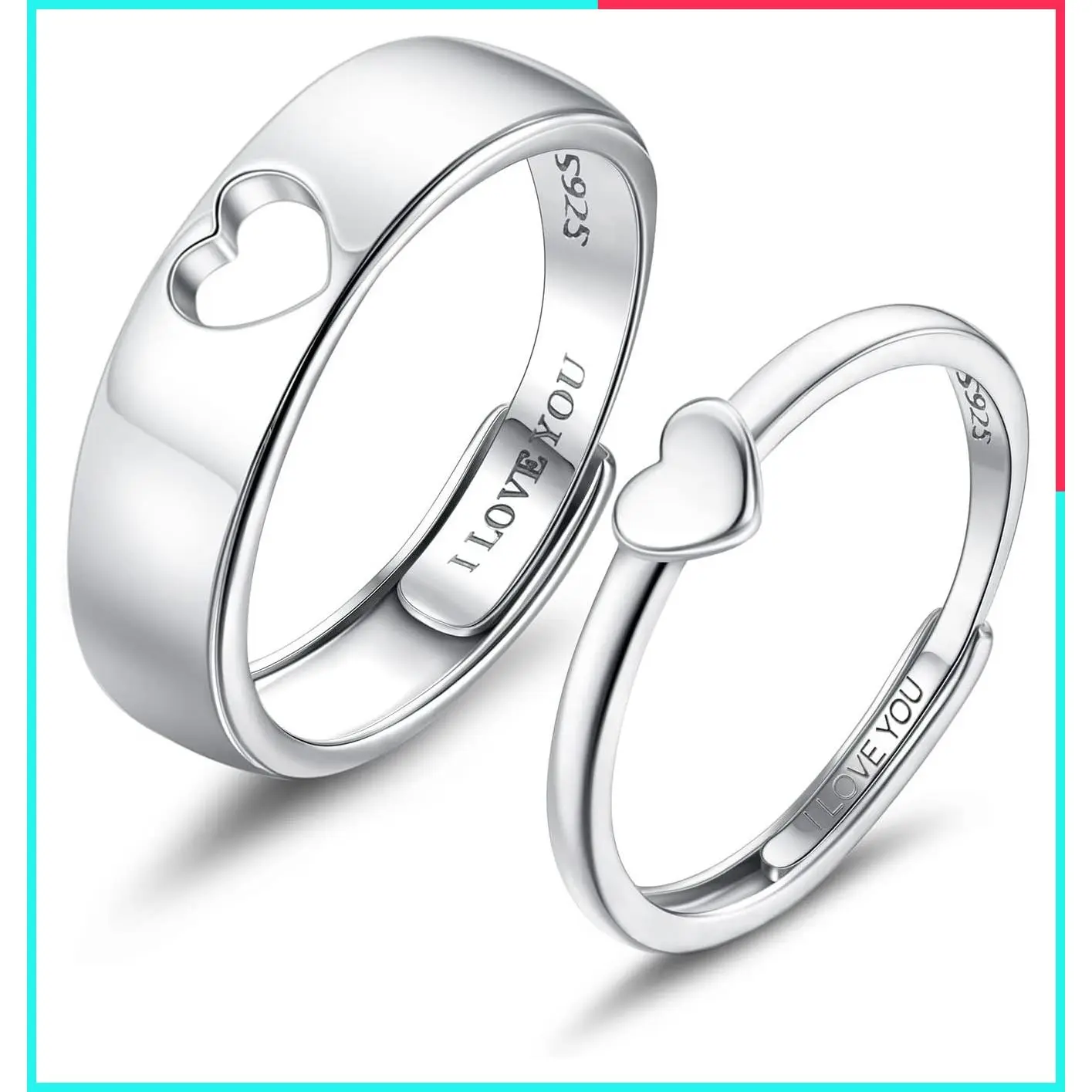 2Pcs S925 Sterling Silver Adjustable Matching Couple Rings - I Love You Heart Promise Engagement Wedding Ring Set for Him Her, Valentine's Day Gift