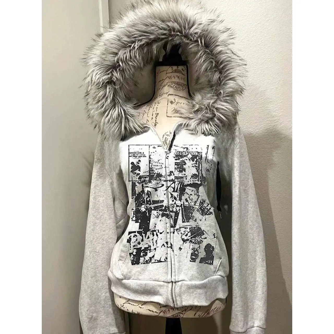 Subculture Gothic Women Coats with Hoodies Vintage Korean Harajuku Black Jackets Faux Fur Coat Female Loose Casual Sweatshirt