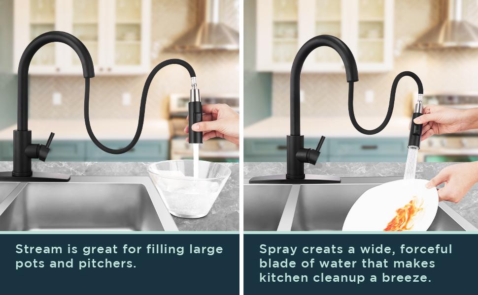 FORIOUS Kitchen Faucet with Pull Down Sprayer High Arc Black Kitchen Faucet 2 Modes Single Handle Stainless Steel Sink Basin Faucet