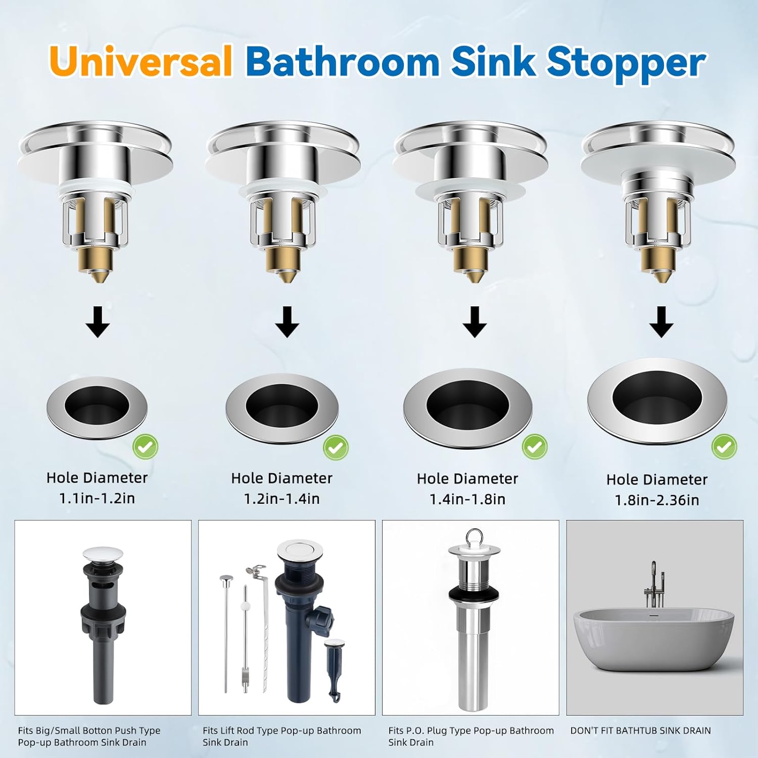 Bathroom Sink Stopper, Metal Pop Up Sink Drain Strainer with Detachable Hair Catcher, Fits 1.1"-2.36"  Basin, Wash Basin Drain Plug with Big/Small Cover Cap, Brass Bounce Core, Chrome