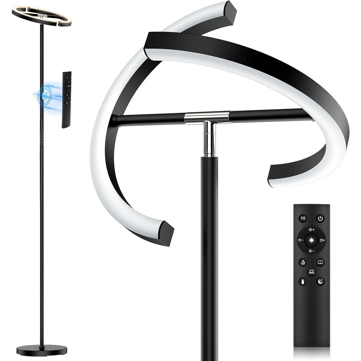 LED Floor Lamp - 22W Rotatable Standing Lamp with Touch Control & Remote, 3000-6000K Dimmable Light, Modern Corner Uplighter for Living Room, Bedroom (Black)