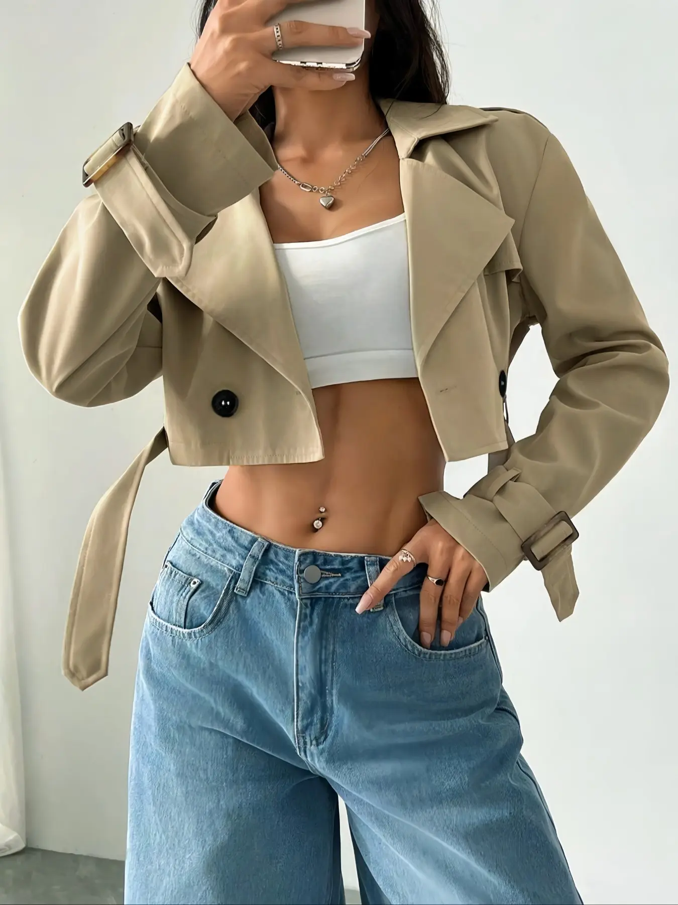 Women's Solid Color Double Button Detail Crop Jacket Coats, Casual Long Sleeve Lapel Neckline Outerwear for Fall & Winter, Ladies Clothes for Daily Wear
