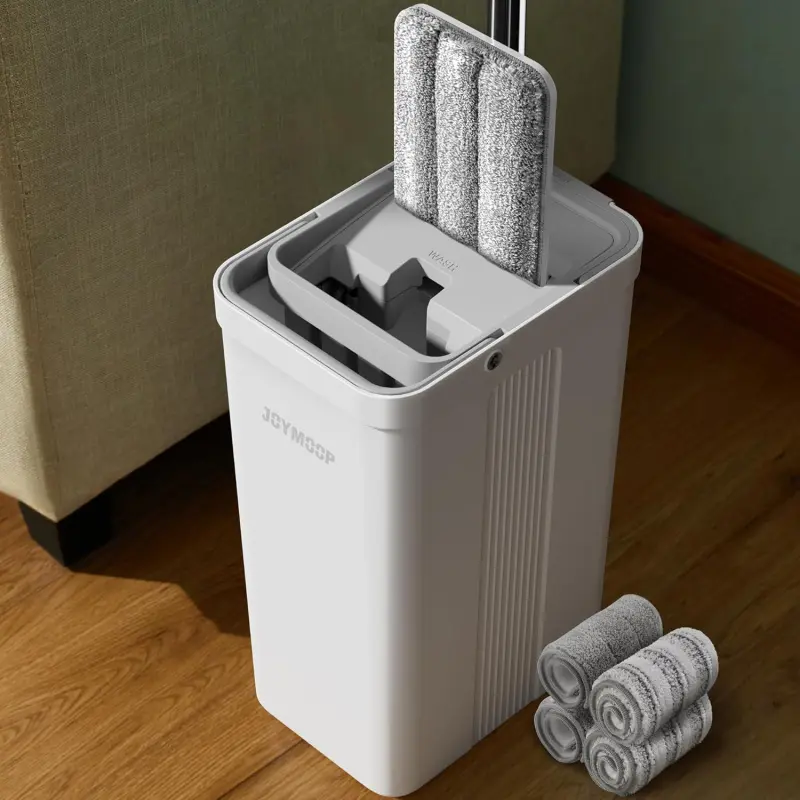 Flat Mop System, Microfiber Mop and Bucket Set, White, Commercial & Household Use, Hardwood Floor & Wall Cleaning Mop with Long Handle, 4 Microfiber Pads