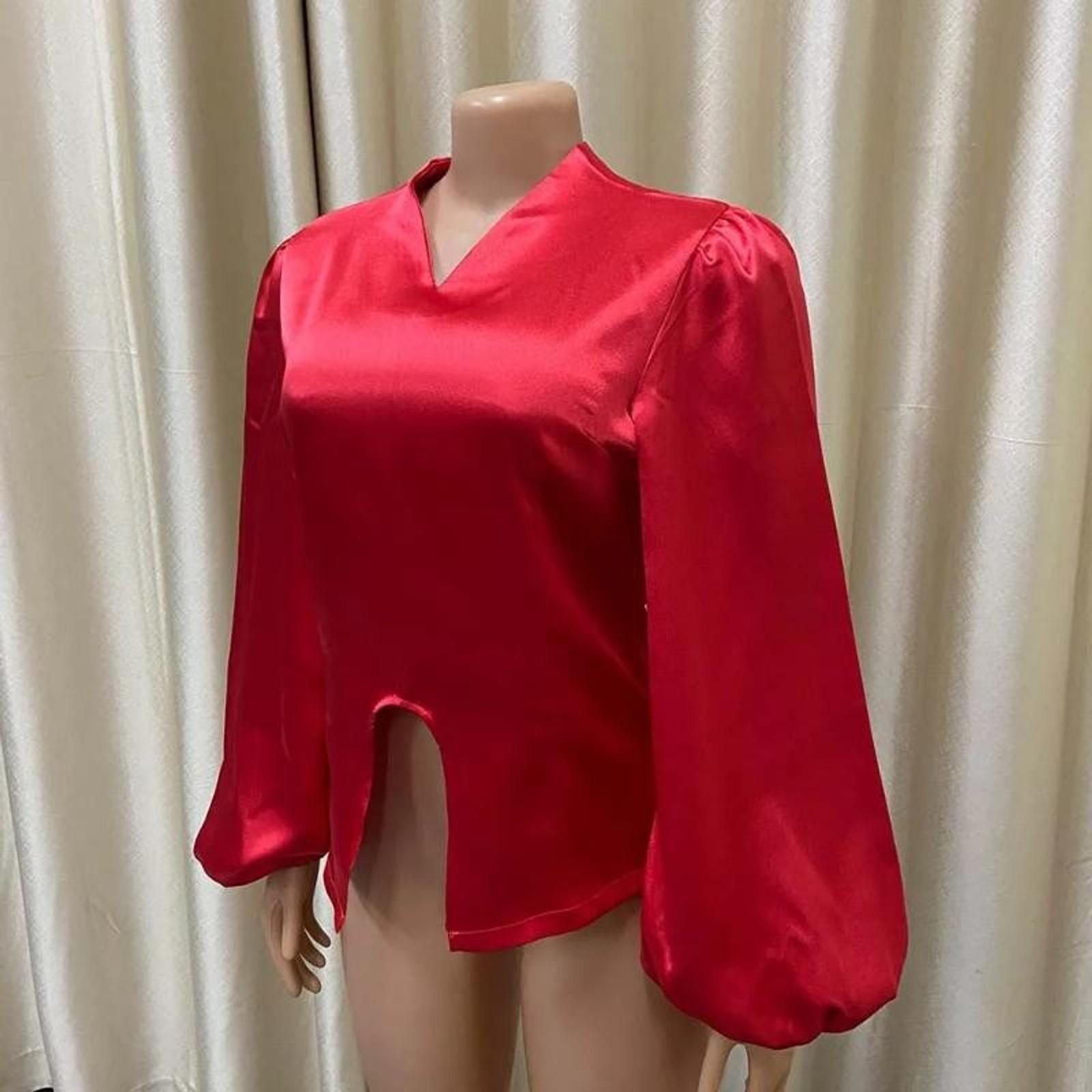 summer spring clothes 2025 new Office Blouse for Women Elegant Stylish V Neck Full Sleeve Front Split Solid Satin Luxury Party Dinner Occasion Shirts Light Top Womenswear Check Gamis Basic Fitted Minimalist Red Blouse_Red