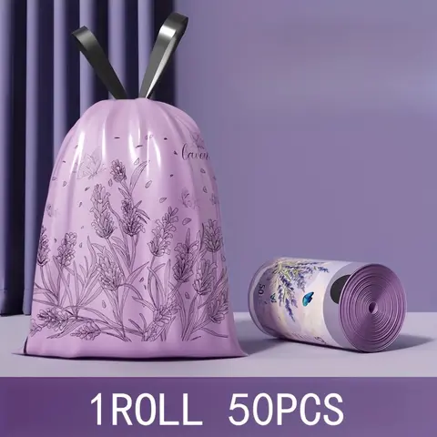 50 Lavender Scented Heavy Duty Plastic Trash Bags, Thickened Drawstring Closure, 4 Gallon Capacity, Durable Odor-Resistant, Kitchen Office Home Restaurant Garbage Bags, Trashbags, Sturdy Trash Bags, Drawstring Bin Bags