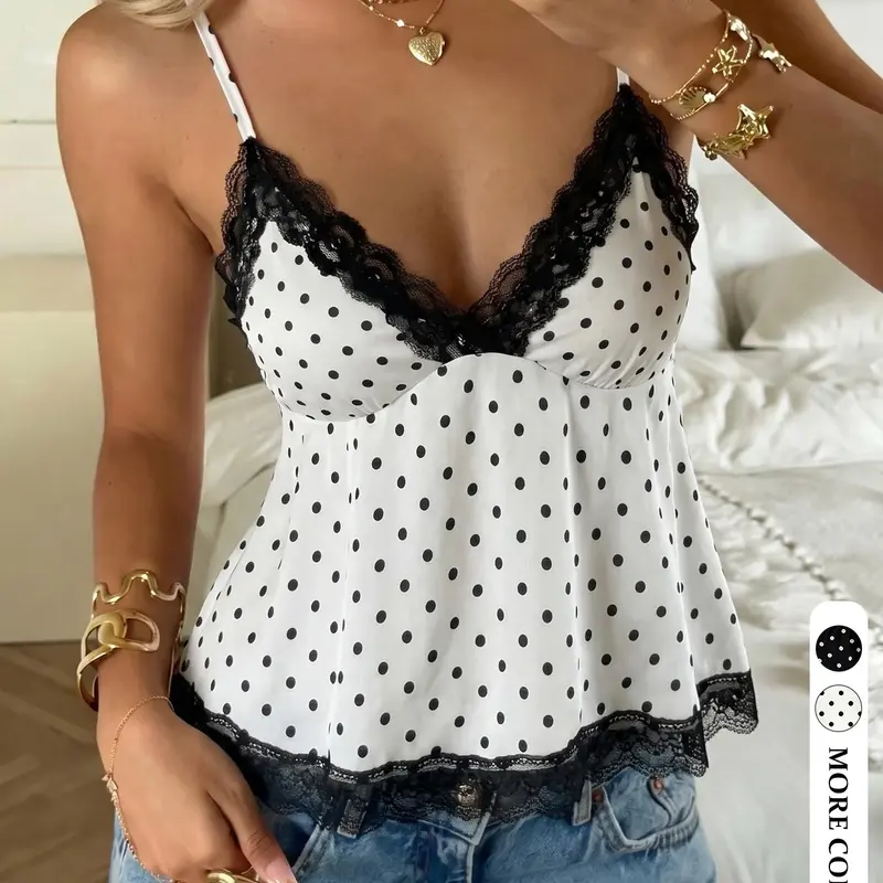 Coquette Vintage White Polka Dot Lace Trim Cami Top, Casual Comfy Camisole for Women V Neck Spaghetti Strap Flared Babydoll Swing Tank Casual Daily Outdoor Coffee Date Summer Lightweight Layering Vest