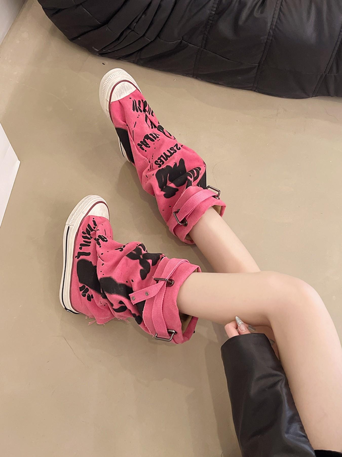 New Women's Graffiti Print Canvas Mid-Calf Boots, Modern Boot, Buckle Strap, Foldable Stackable, Fashionable Above Ankle but Below Knee Boots