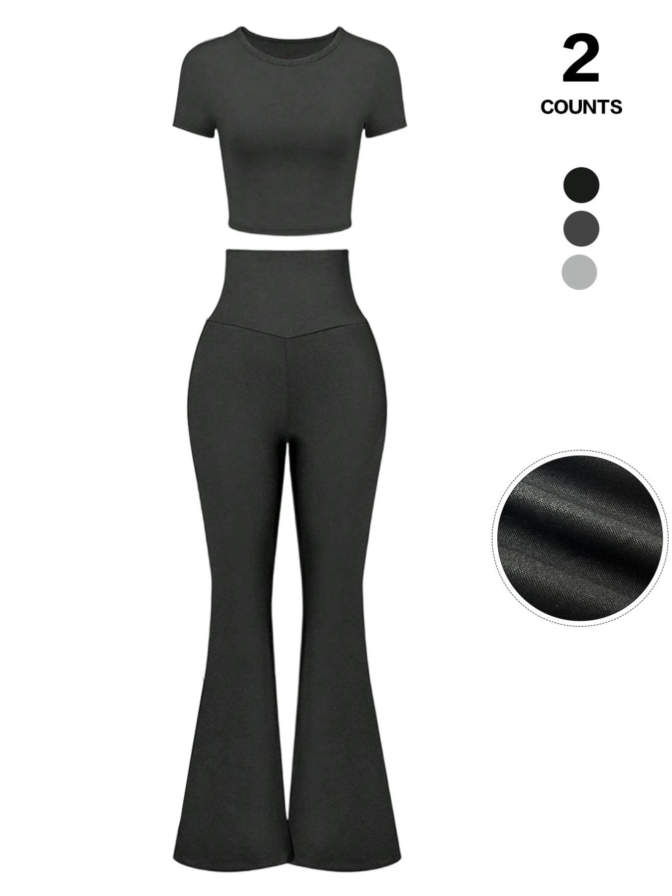 Women's 2 Piece Matching Lounge Set Gym Casual Wear Short Sleeve Crop Top and High Waisted Flare Leg Pants Yoga Outfit