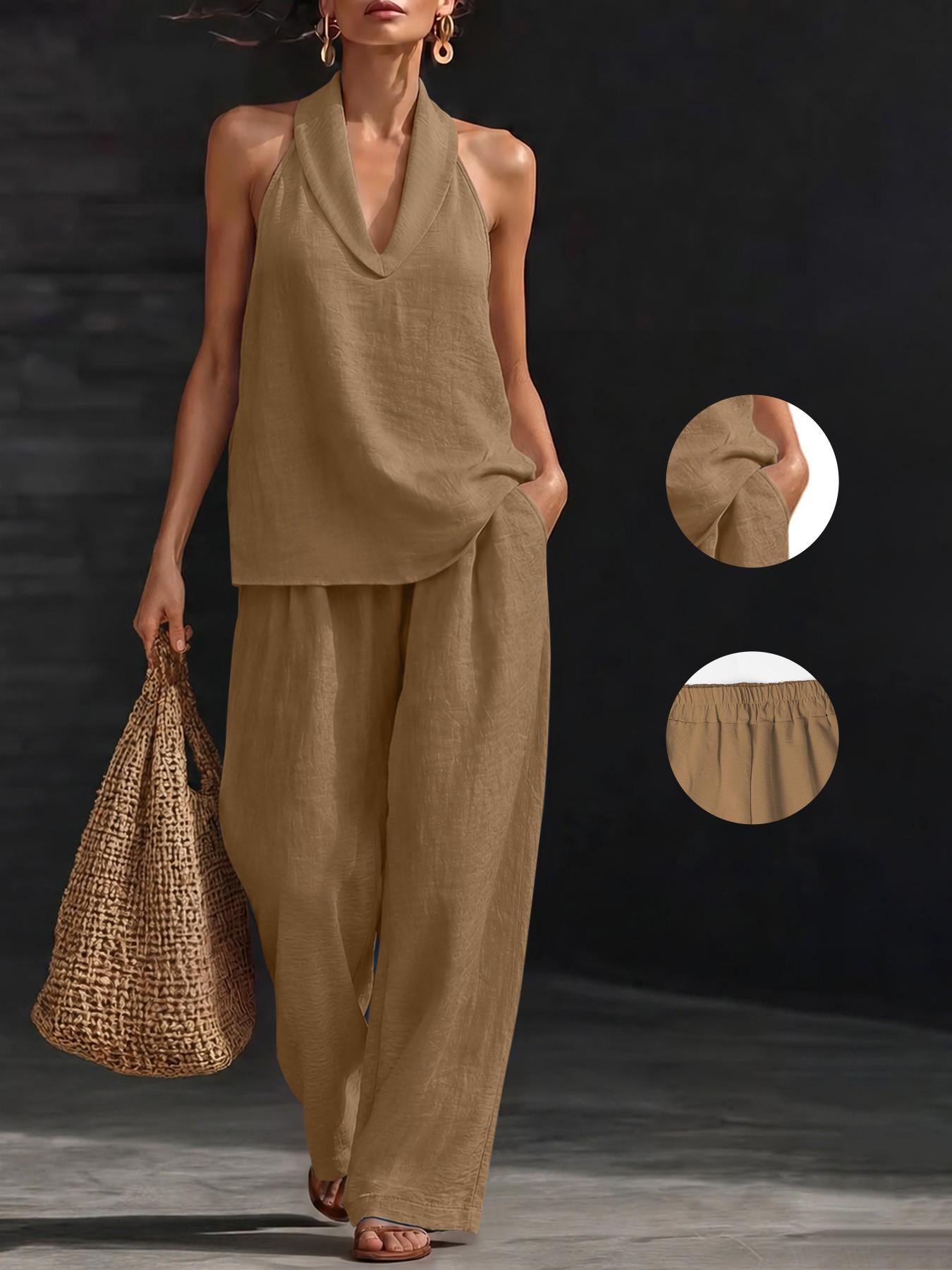 American Retro Co-Ord Set, Deep V Neck Top & High Waist Loose Pants, Lightweight Fabric, Casual Chic Holiday Wear, Streetwear