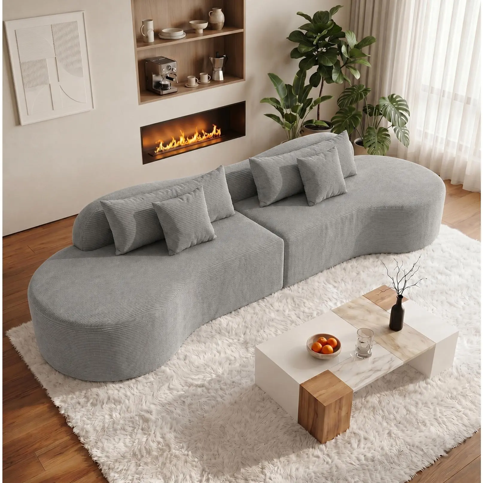Oversized Modern Curved Cloud Couch Sectional, Boneless Compression Sofa, Modular Sectional Couches, High Density Foam Deep Seat Couch with Pillows, Corduroy Sofa for Living Room Office, 3-Seat Grey