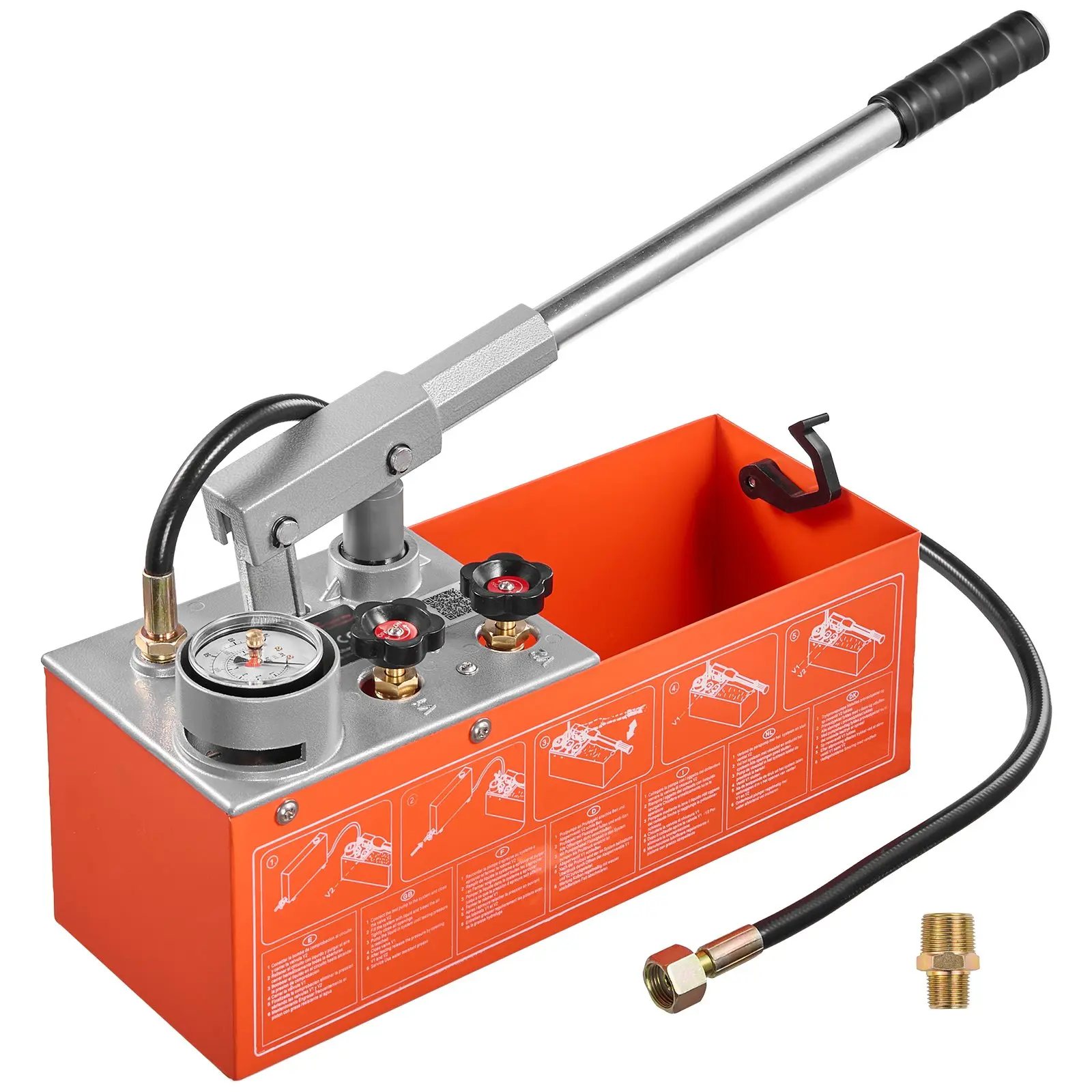 VEVOR Hydrostatic Test Pump 2 Gallon Hydraulic Manual Water Pressure Tester, Dual Valve Hydrostatic Water Pipe Leakage Pressure Test Pump Kit with Gauge Tank, 0-60 Bar Range, for Pipeline, Heating