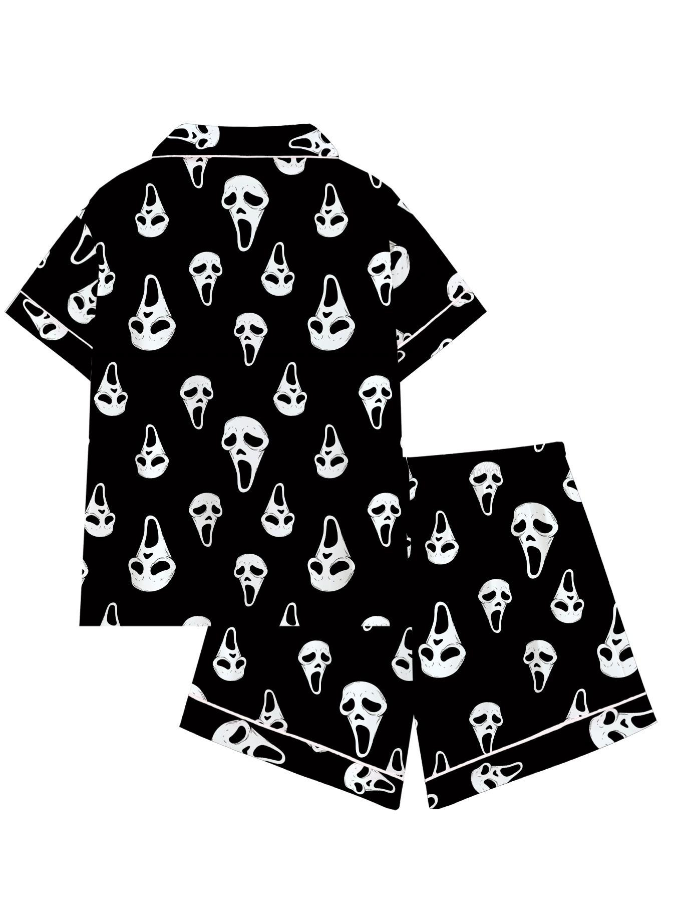 Y2K Horror Mask Pajama Set for Women, Ghost Print Sleepwear, Soft Short-Sleeve Button-Up Matching Loungewear, Fun Halloween 2-Piece, Dark Aesthetic