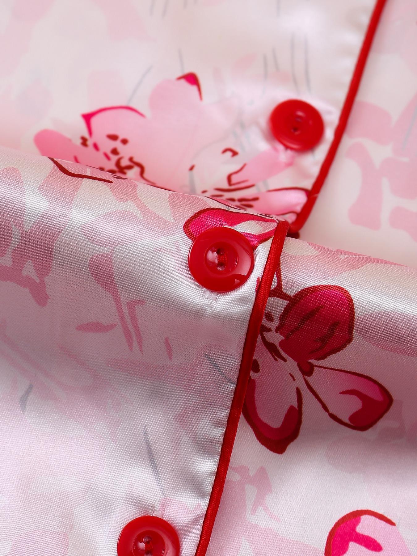 Valentine's Day Floral Print Sleepwear Set, Button Front Short Sleeve Top and Elastic Shorts, Elegant Women's Casual Homeewear