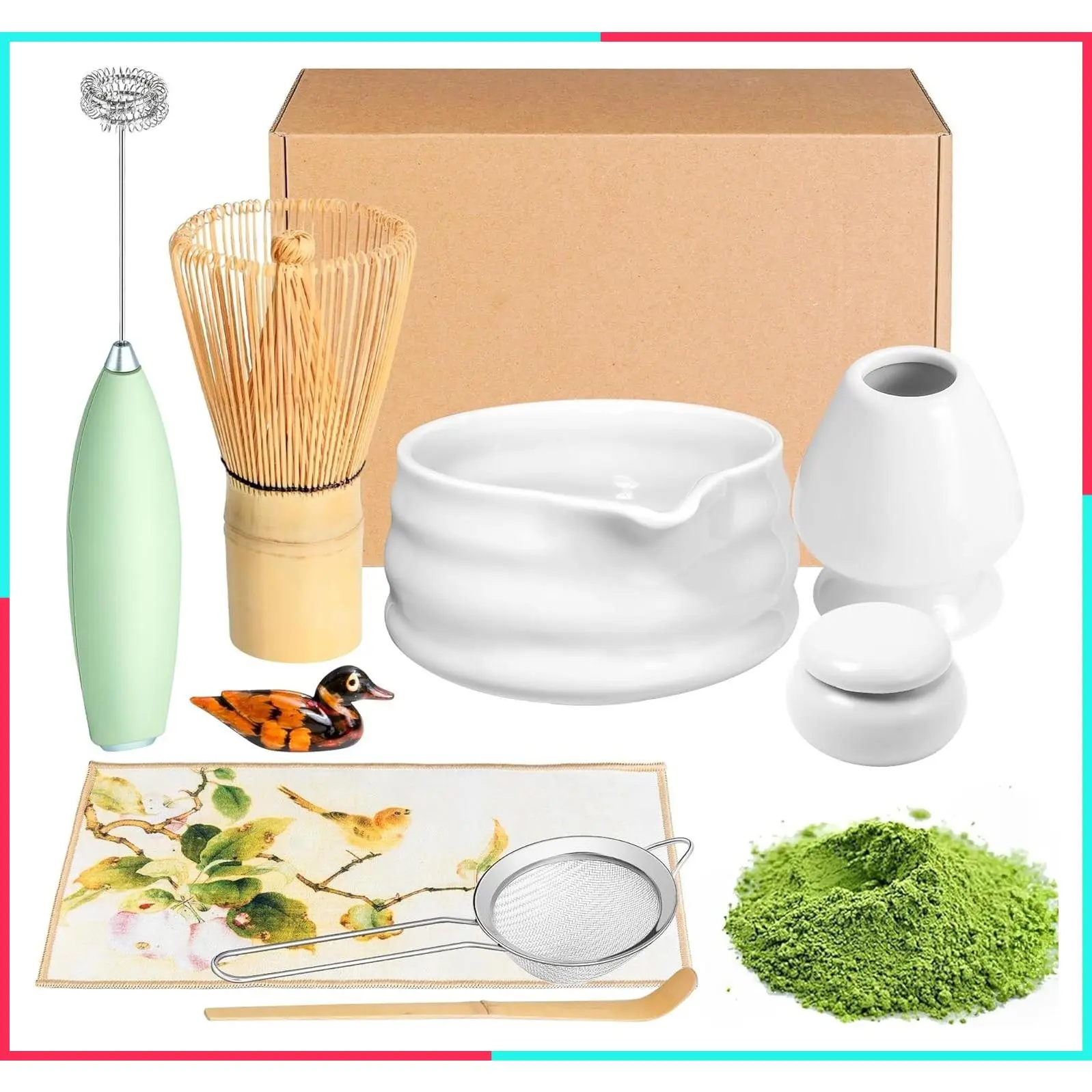 Matcha Whisk Set and Bowl, Matcha Making Kit with Spout, Powder Sifter, Ceramic Whisk Holder, Spoon, Japanese Tea Ceremony Tools Gift Set (White, 9 Pack)