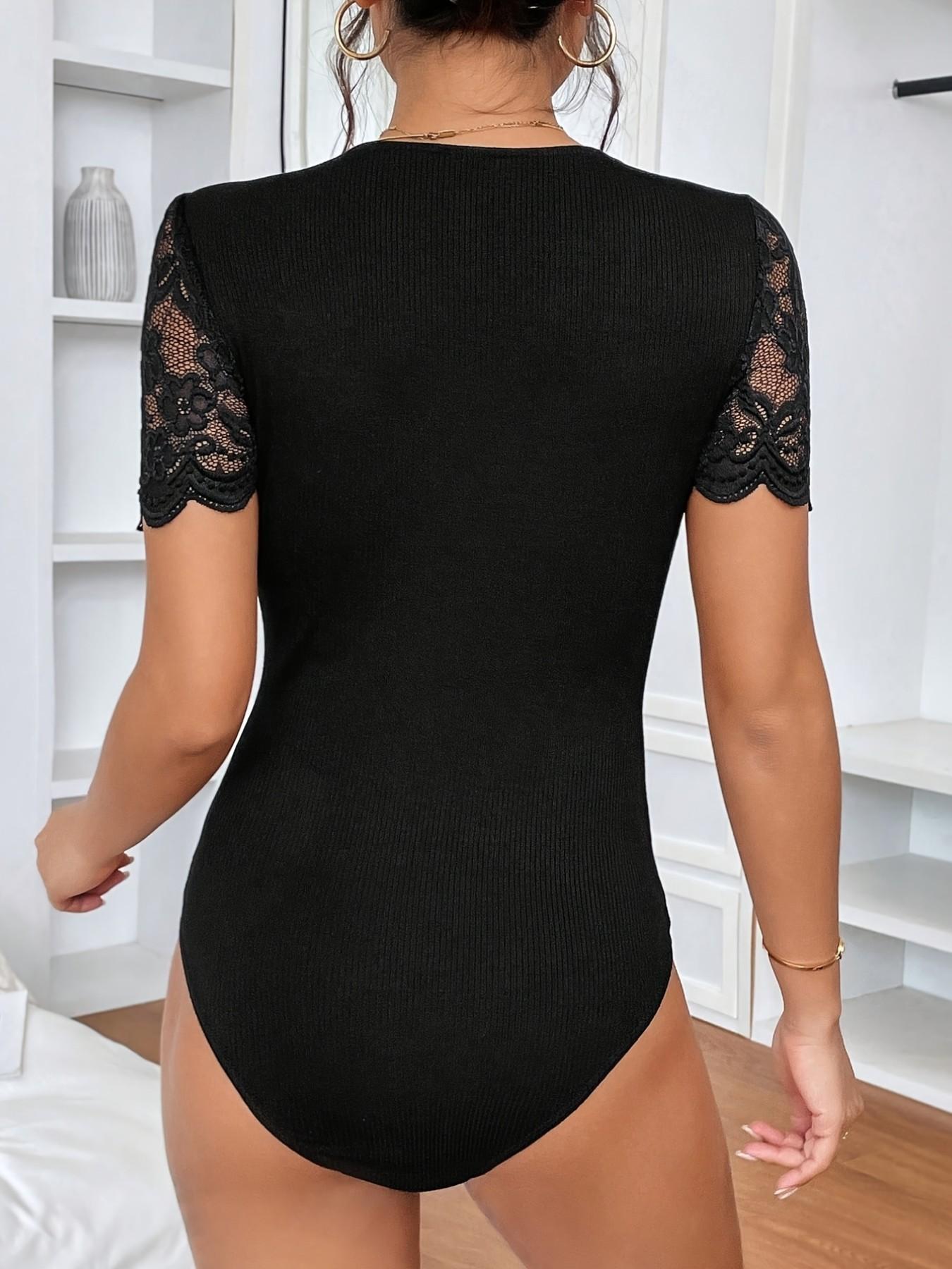 Trendy Coquette Aesthetic Black Bodysuit, Women's Ribbed Knit V Neck One Piece, Romantic Lace Trim Short Sleeve Leotard, Sculpting Body-hugging Going Out Top, Casual Date Night Outfit, Viral TikTok Fashion Layering Piece