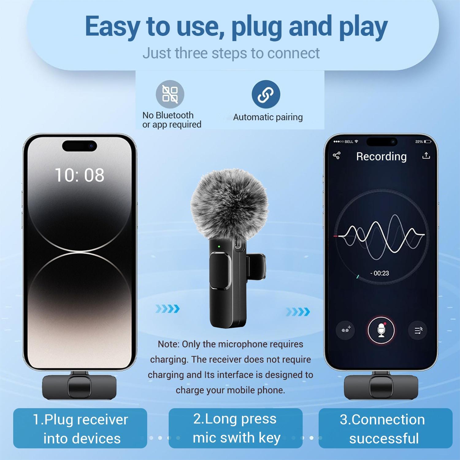 Professional Wireless Lavalier Microphone – Compatible with iPhone & Android, Plug-and-Play Lapel Mic, Usb Rechargeable Mic for Video Recording, Interviews, Podcasts, Vlogs, TikTok & Teaching | Omnidirectional Condenser