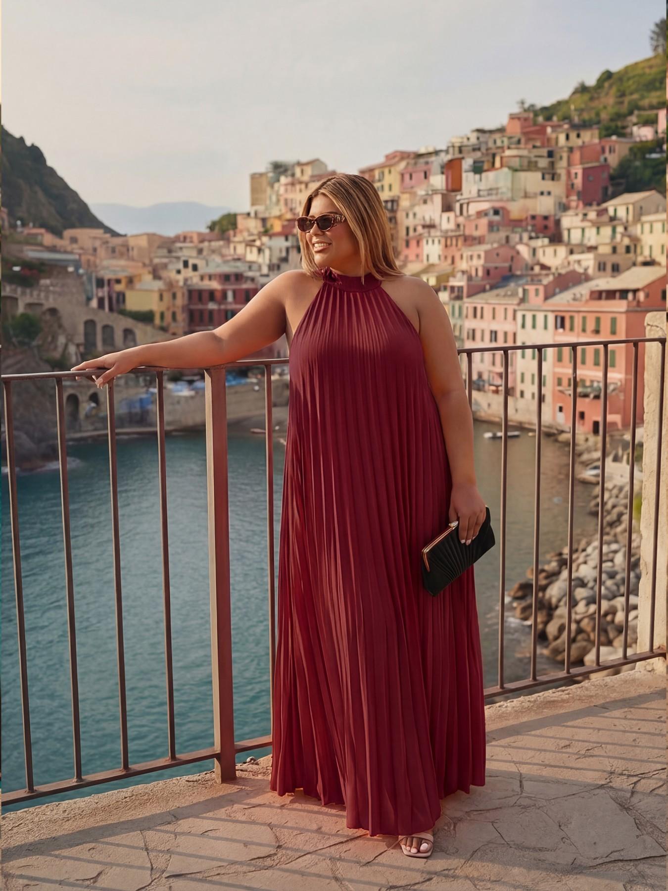 Women Plus Size Sleeveless Halter Neck Pleated Maxi Dress, Casual Loose Long Sundress for Party Vacation, Multi Color Options