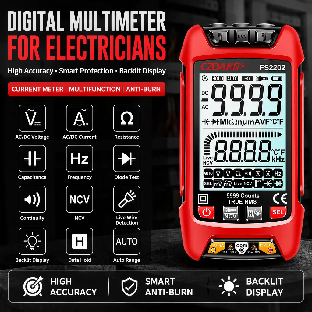 Professional Electrician Digital Multimeter, True‑RMS 9999 Count Backlit Multimeter for Current Voltage Resistance Measurement