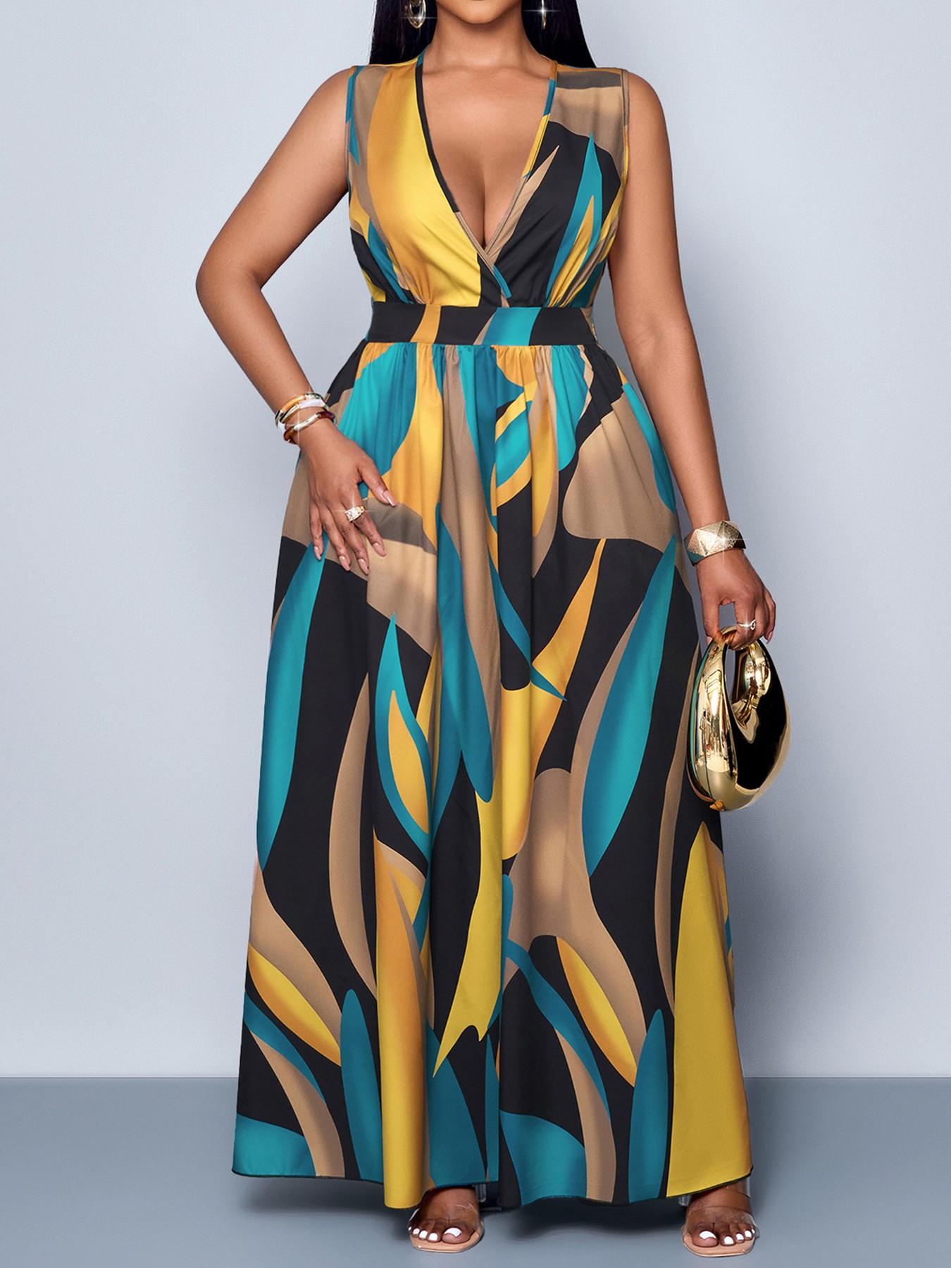 Plus Size Women's Elegant Casual Boho Chic Summer Plant Print V-Neck Sleeveless High Waist A-Line Dress for Leisure, Vacation & Outdoor loose fit fashion forward special occasion oversized