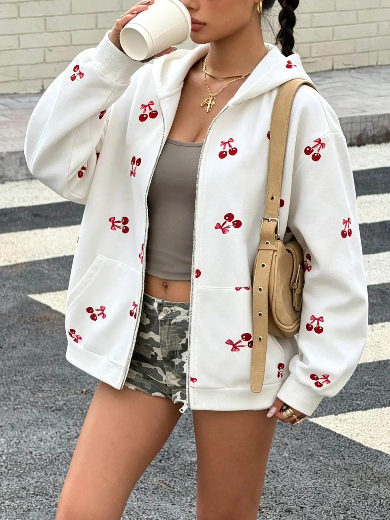 Women's Cherry Print Fashion Loose Fit Sporty Hoodie, Comfortable Soft Fabric, Casual Fall & Winter Sweatshirt, Ideal for Daily Wear